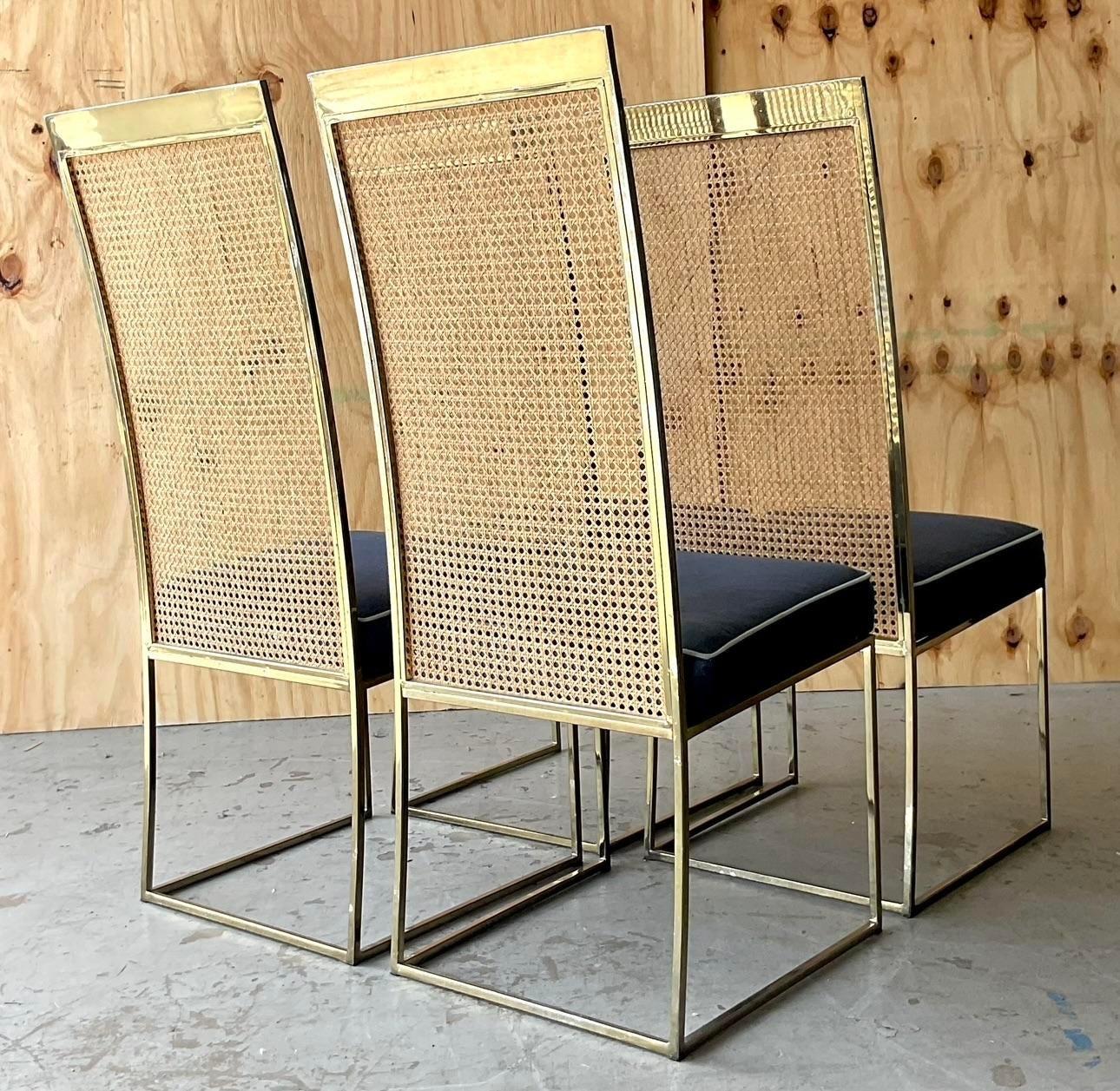 Vintage Boho Brass and Cane Dining Chairs After Milo Baughman- Set of Four For Sale 1