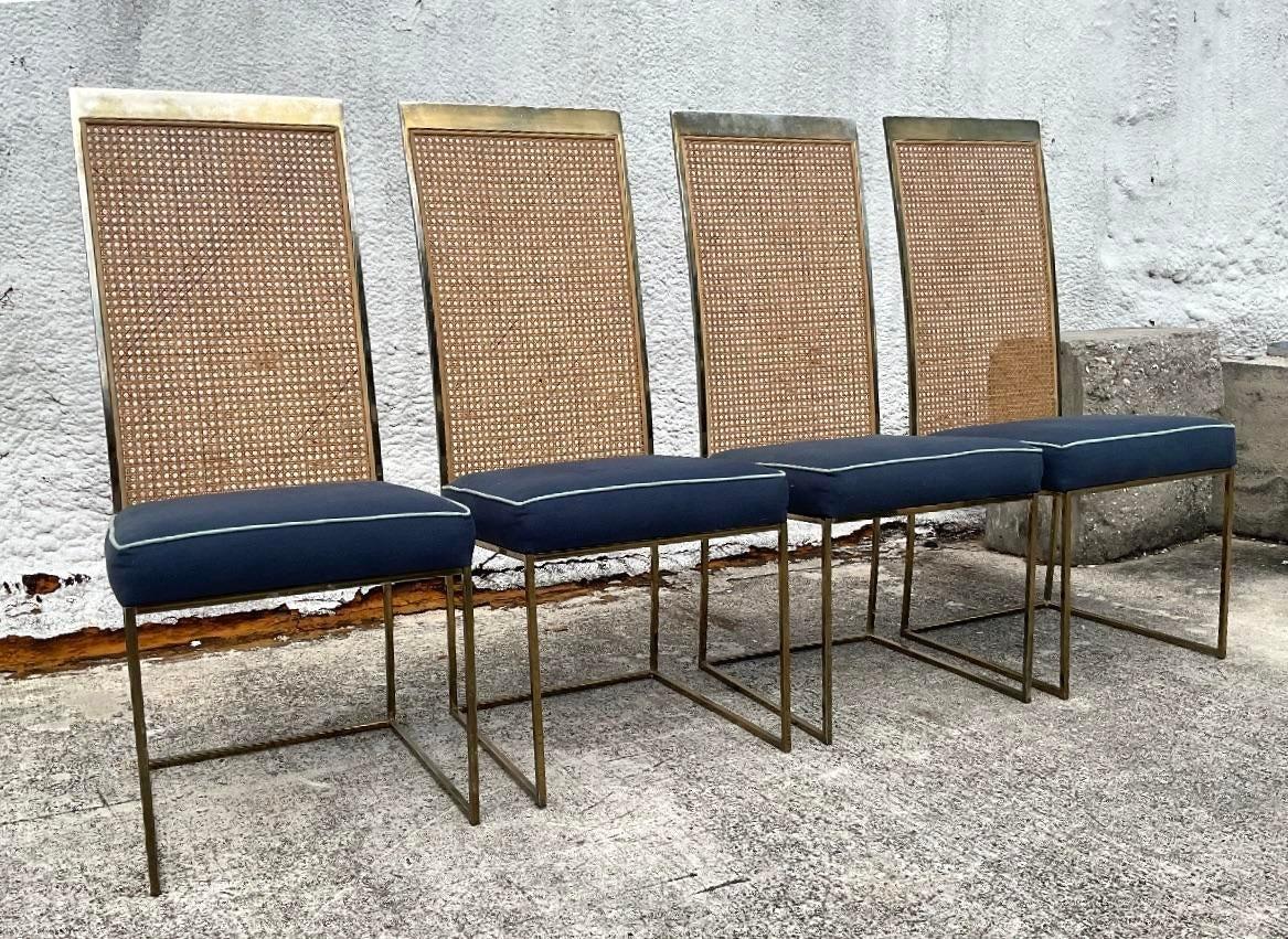 Vintage Boho Brass and Cane Dining Chairs After Milo Baughman- Set of Four For Sale 3