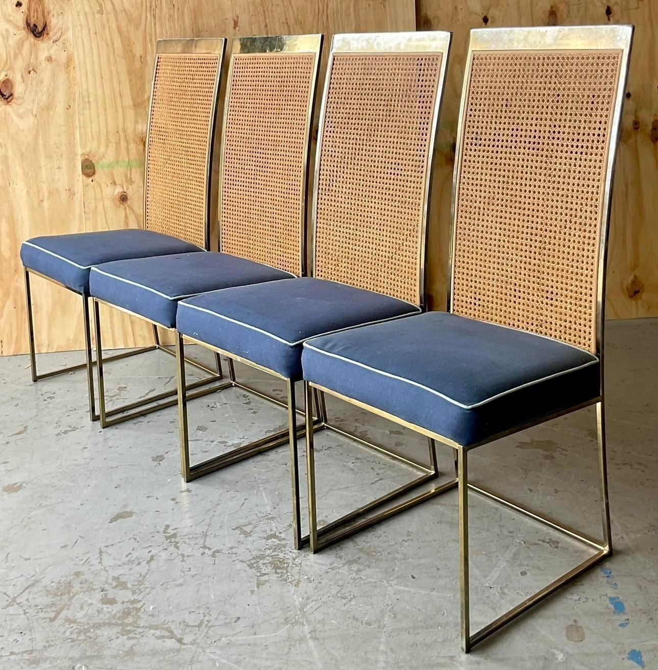 Vintage Boho Brass and Cane Dining Chairs After Milo Baughman- Set of Four For Sale 4