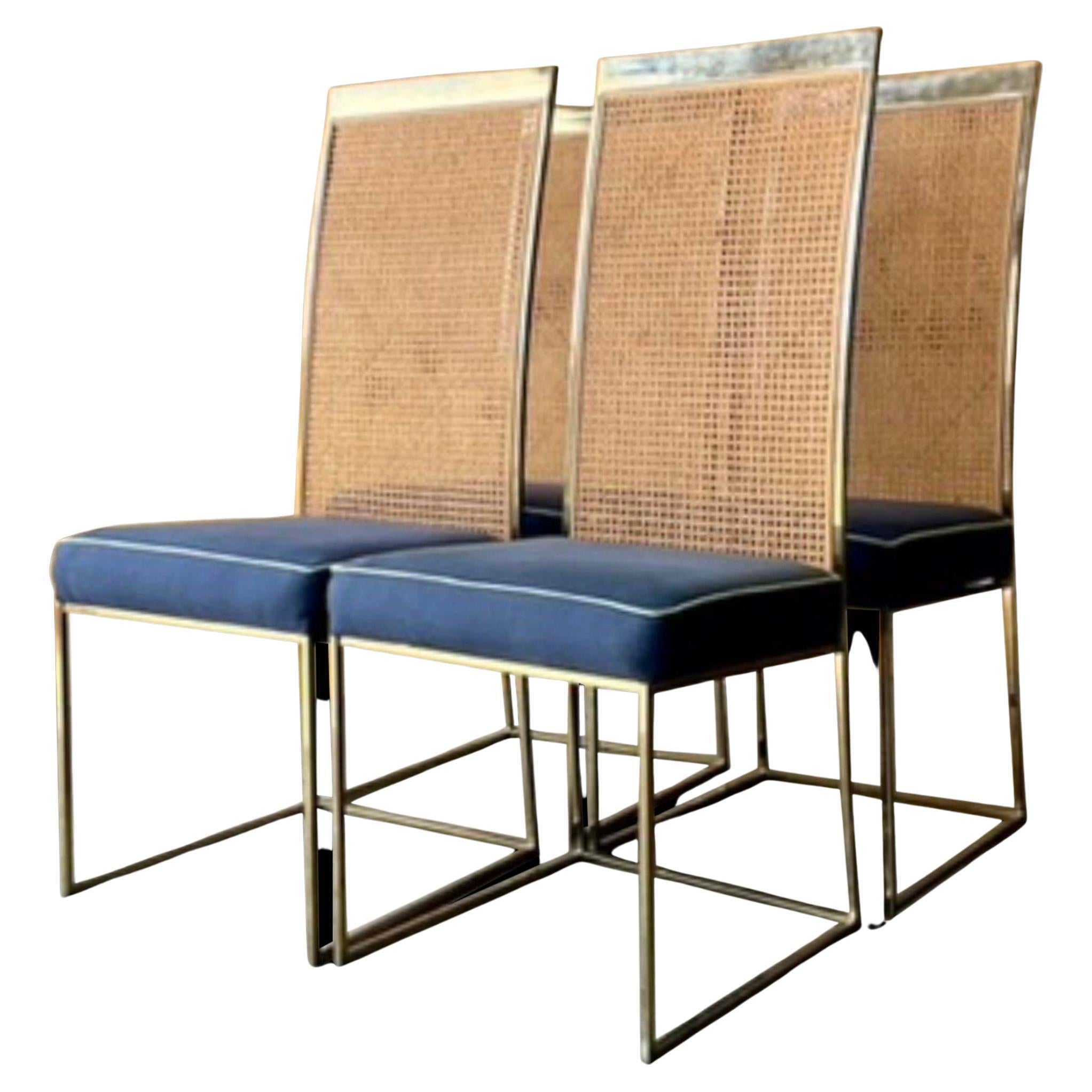Vintage Boho Brass and Cane Dining Chairs After Milo Baughman- Set of Four For Sale