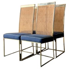 Retro Boho Brass and Cane Dining Chairs After Milo Baughman- Set of Four