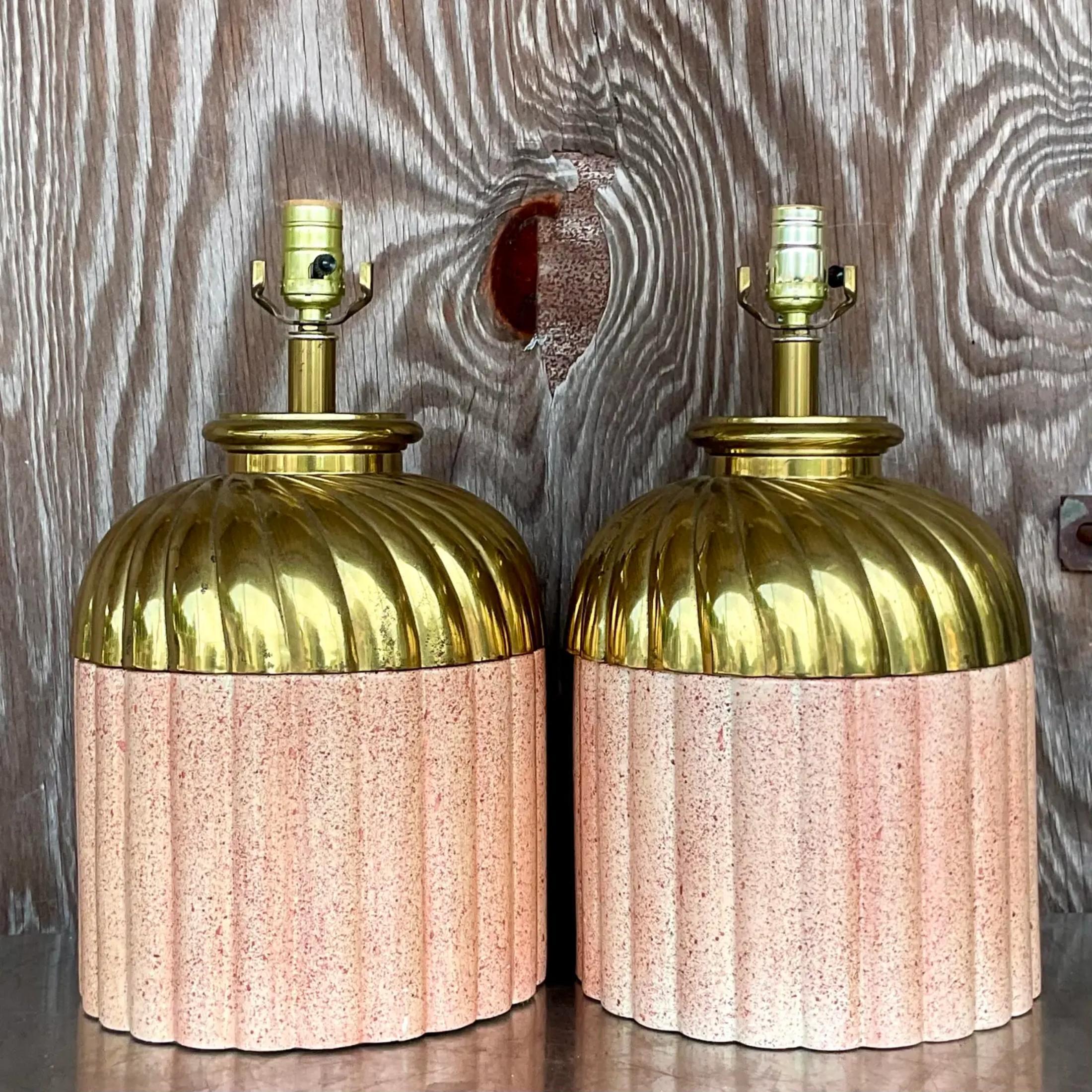 Américain Paire de lampes vintage Boho en laiton et céramique en vente