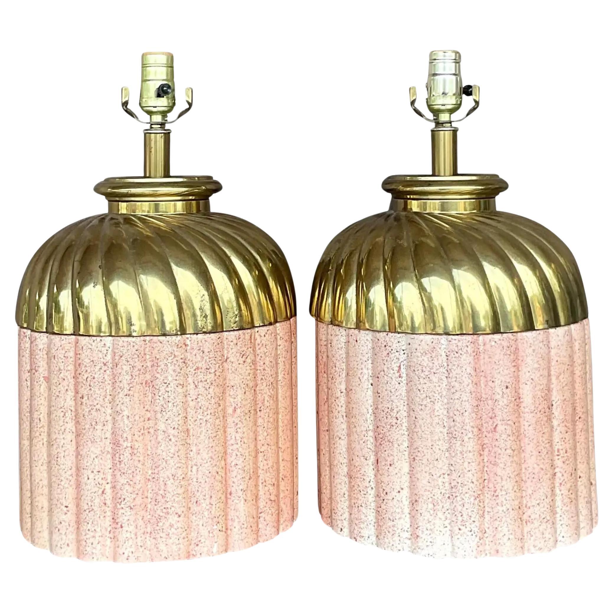 Vintage Boho-Lampen aus Messing und Keramik - ein Paar im Angebot