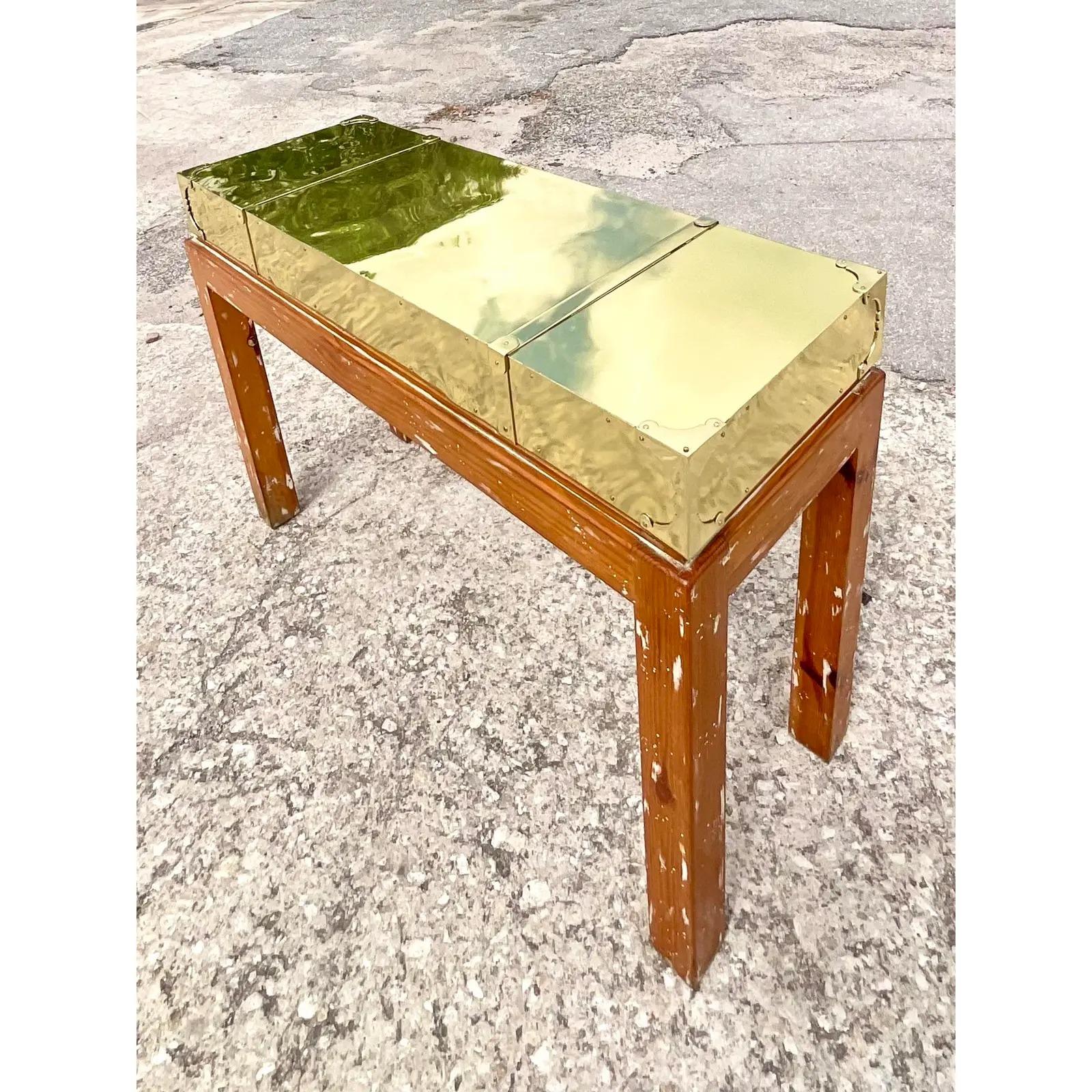 Vintage Boho Brass and Cerused Wood Console Table 4