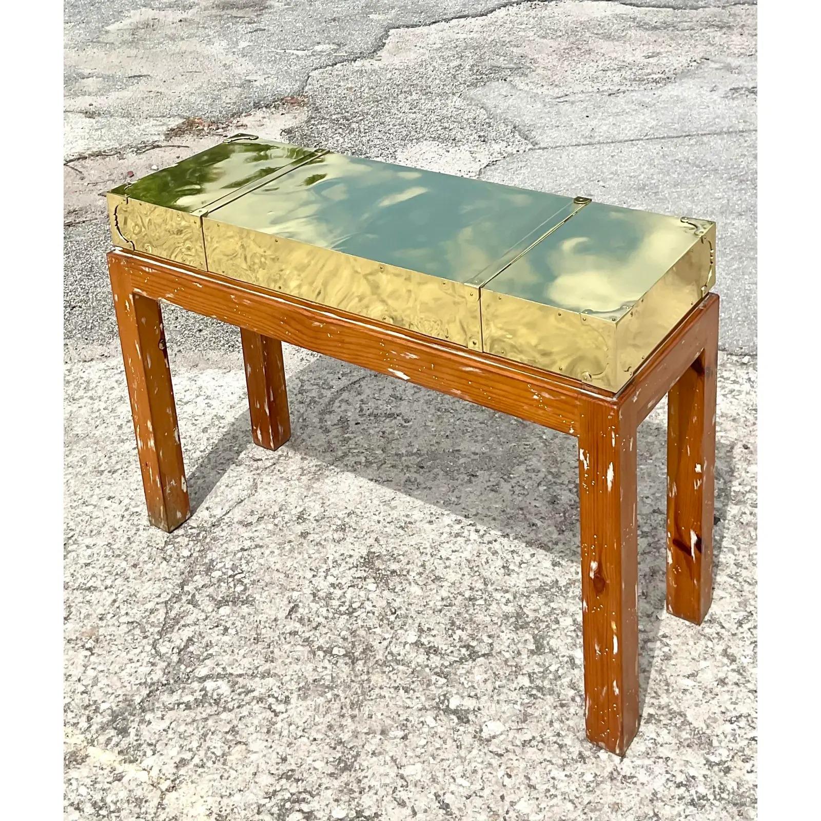 North American Vintage Boho Brass and Cerused Wood Console Table