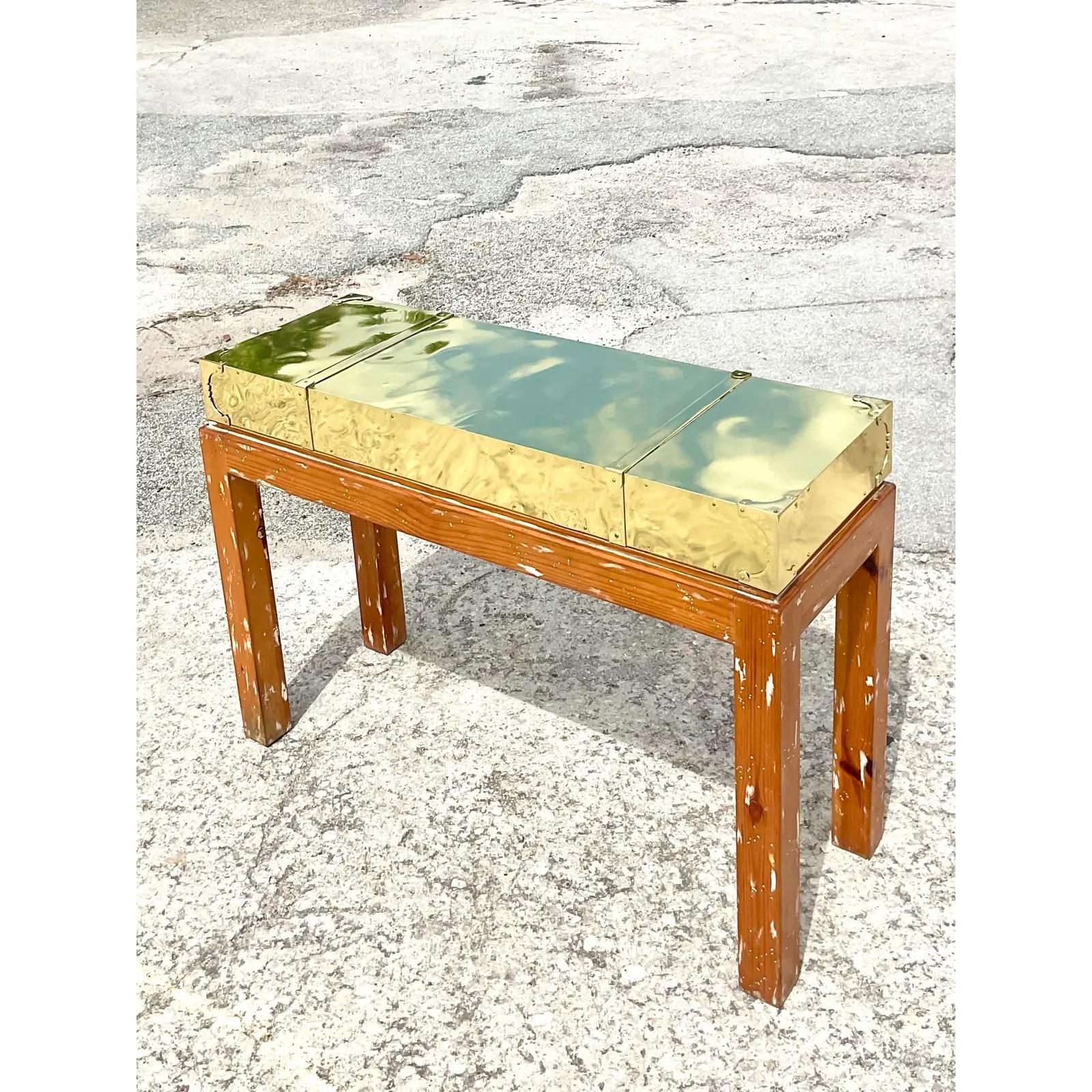 Vintage Boho Brass and Cerused Wood Console Table In Good Condition In west palm beach, FL