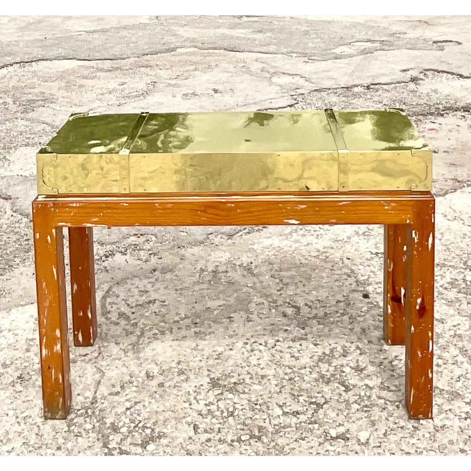 Vintage Boho Brass and Cerused Wood Console Table 2
