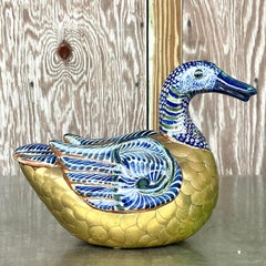 Vintage Boho Brass and Painted Ceramic Duck