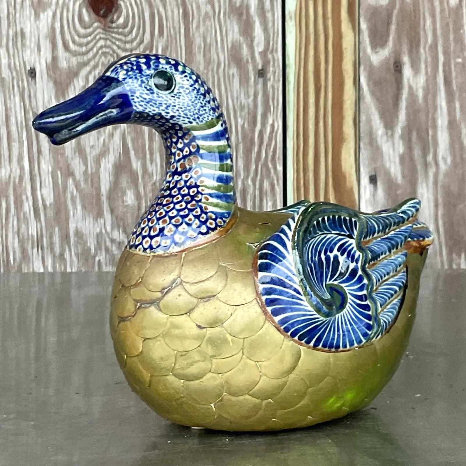 Bohemian Vintage Boho Brass and Painted Ceramic Duck For Sale
