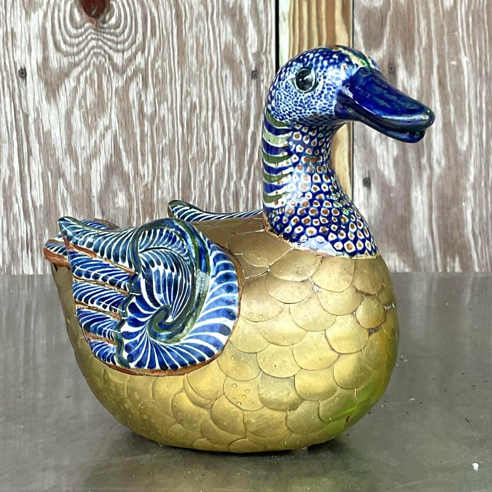 Mexican Vintage Boho Brass and Painted Ceramic Duck For Sale