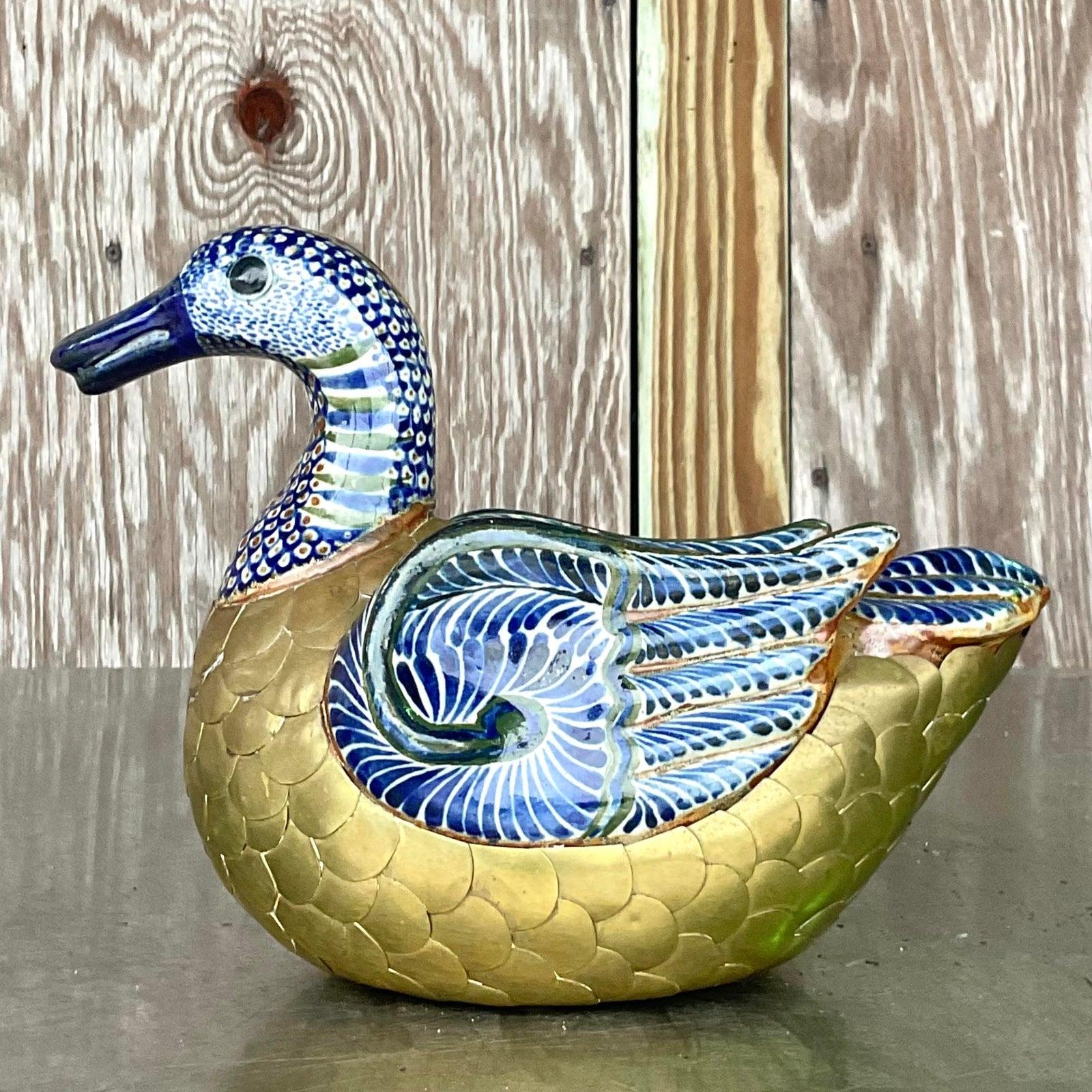 Vintage Boho Brass and Painted Ceramic Duck In Good Condition For Sale In west palm beach, FL