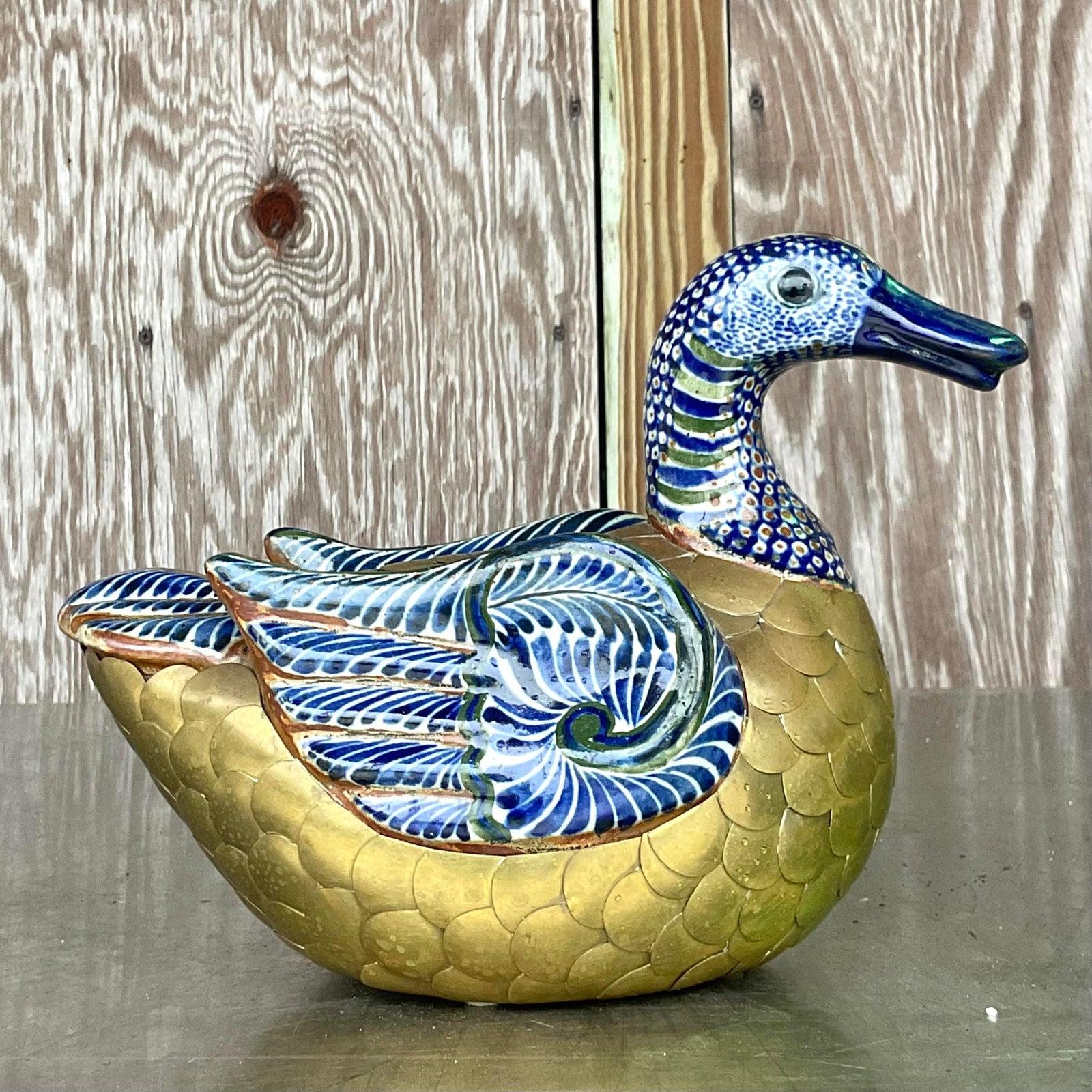 Vintage Boho Brass and Painted Ceramic Duck For Sale 1