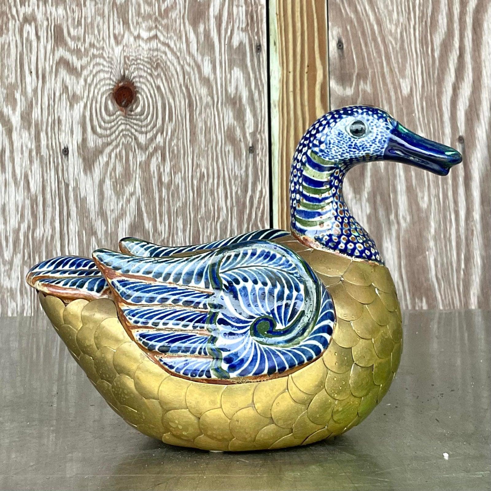 Pato Vintage Boho de latón y cerámica pintada Latón