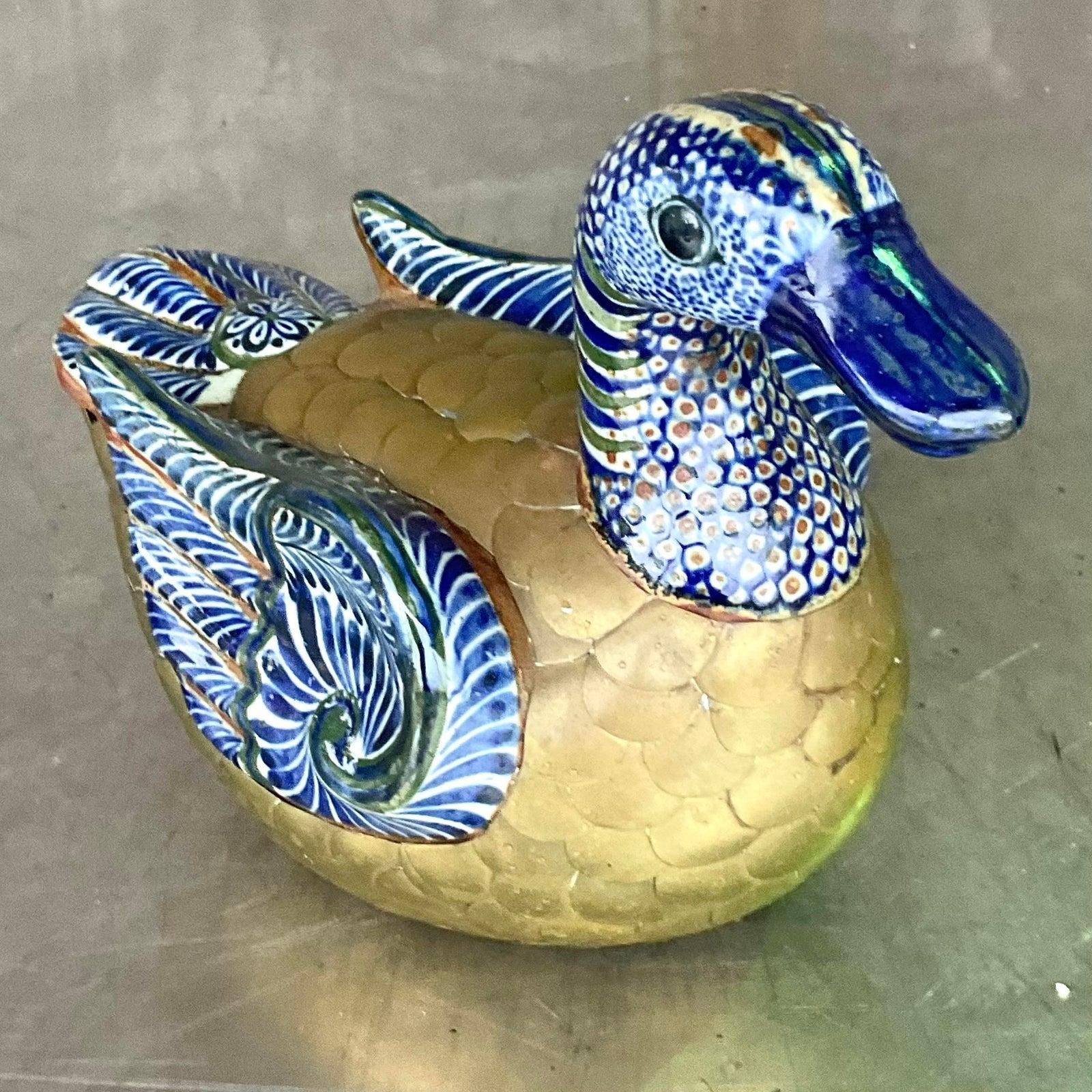 Vintage Boho Brass and Painted Ceramic Duck For Sale 2