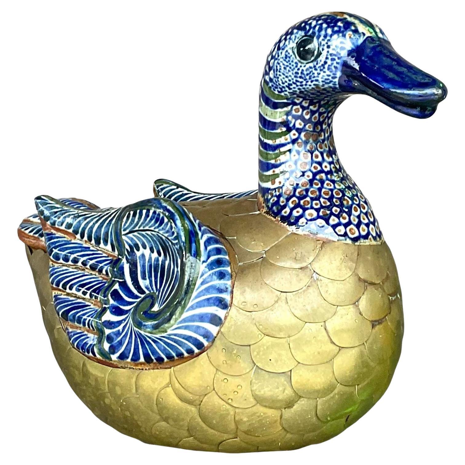 Vintage Boho Brass and Painted Ceramic Duck For Sale