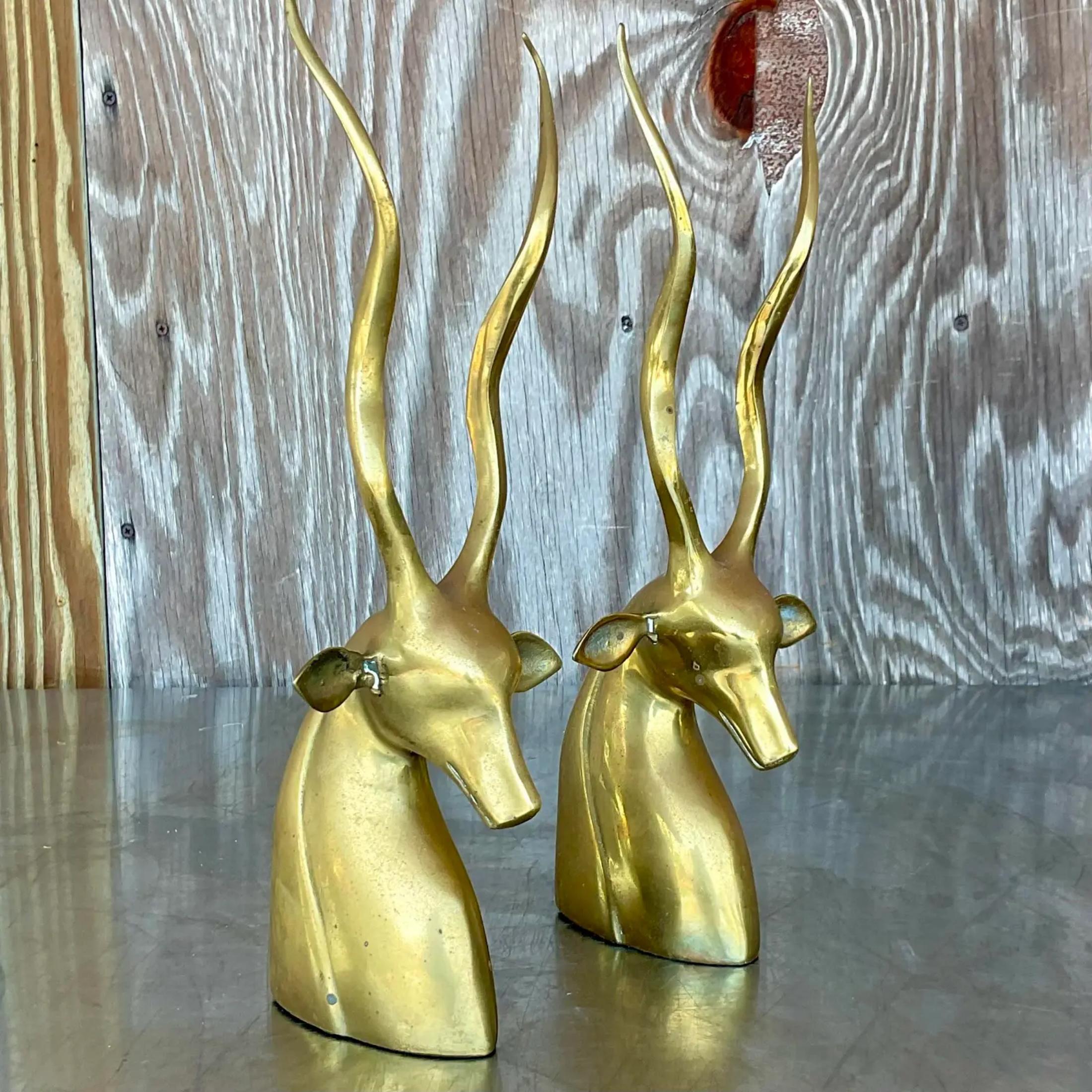 A fabulous pair of vintage Boho bookends. A chic Antelope with long glamorous antlers. Sure to add a glass of glamour to any bookcase. Also look perfect just on your mantle. You decide! Acquired from a Palm Beach estate.