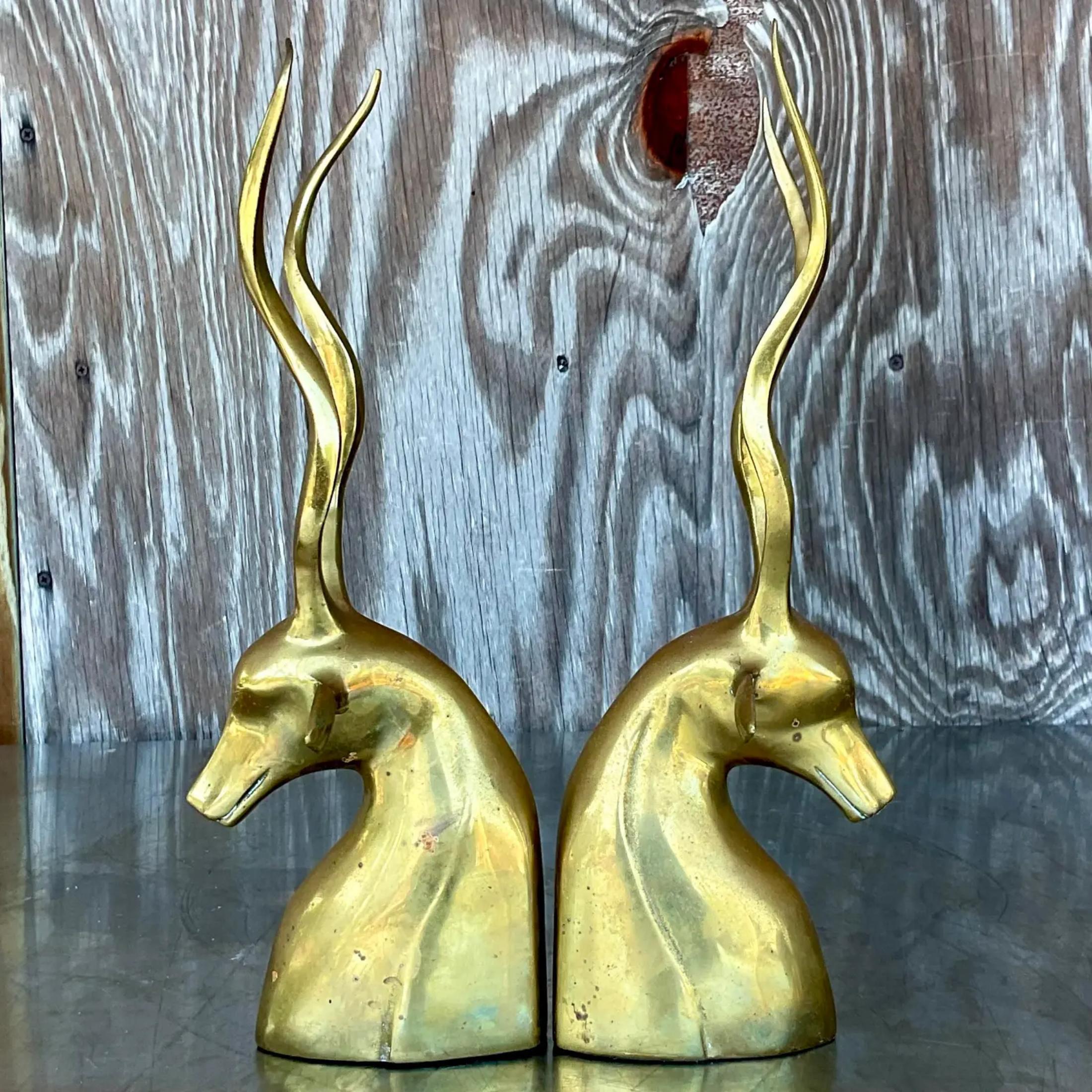 American Vintage Boho Brass Antelope Bookends - a Pair For Sale