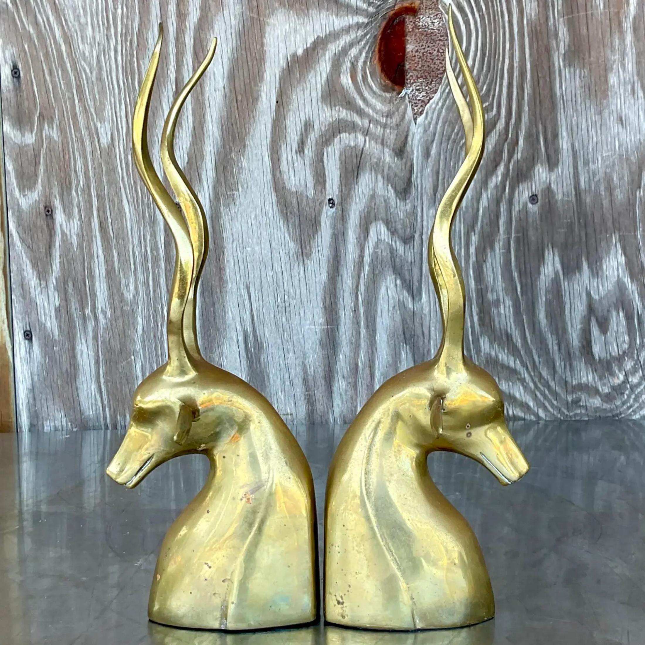 Vintage Boho Brass Antelope Bookends - a Pair In Good Condition For Sale In west palm beach, FL