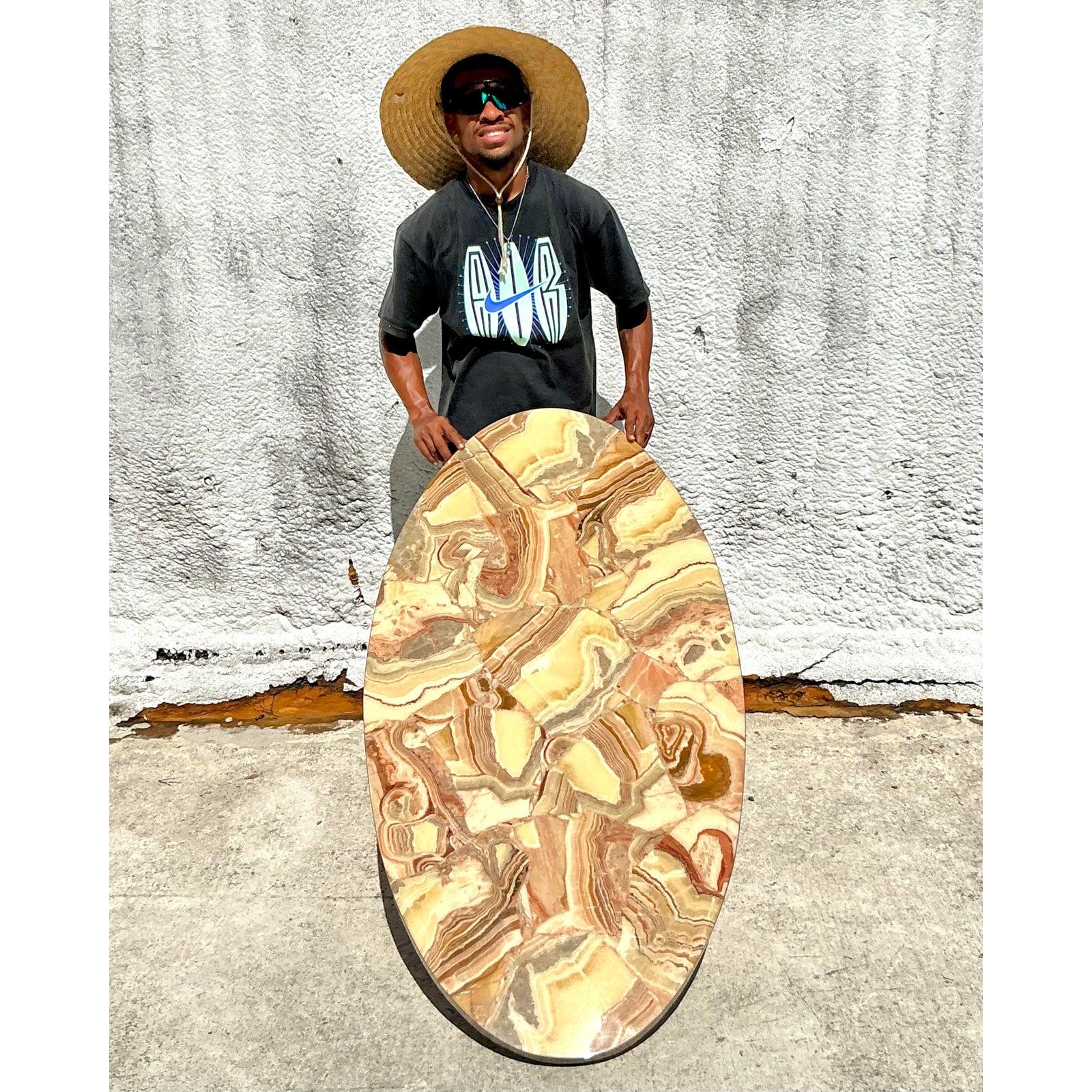 Mid-Century Modern Table basse vintage Boho en laiton et onyx en vente