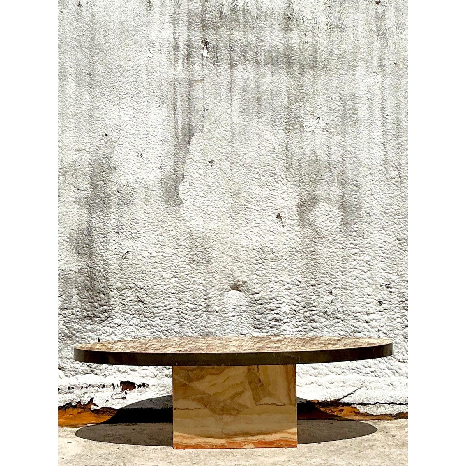 Table basse vintage Boho en laiton et onyx Bon état - En vente à West Palm Beach, FL