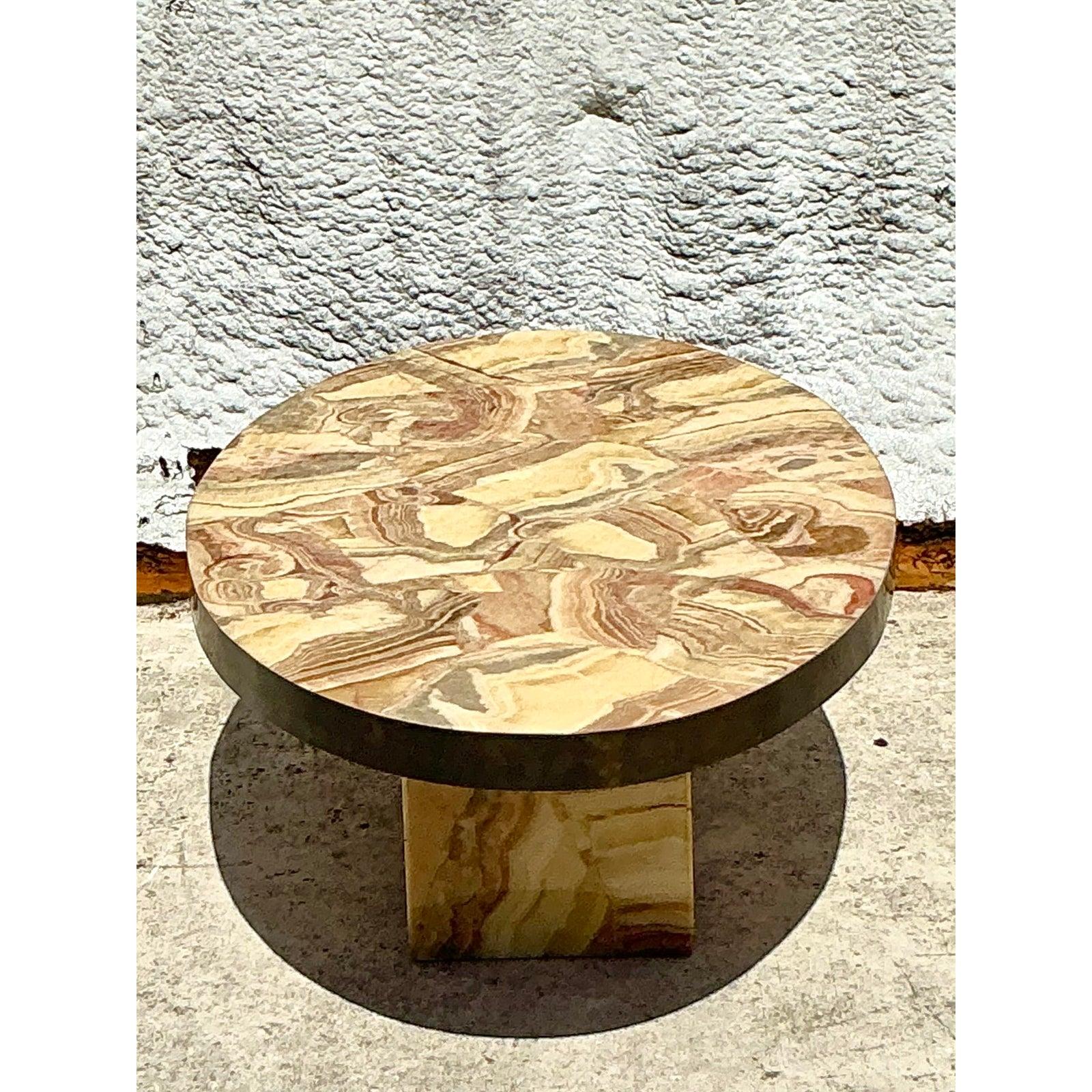 Laiton Table basse vintage Boho en laiton et onyx en vente