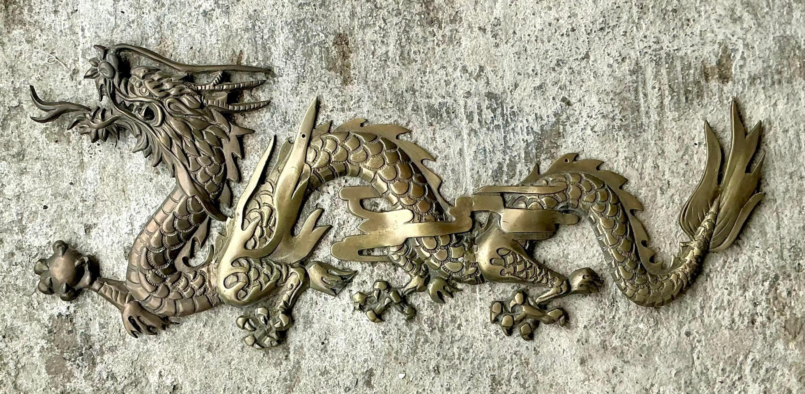 Vintage Boho Brass Dragon Wall Sculpture In Good Condition In west palm beach, FL