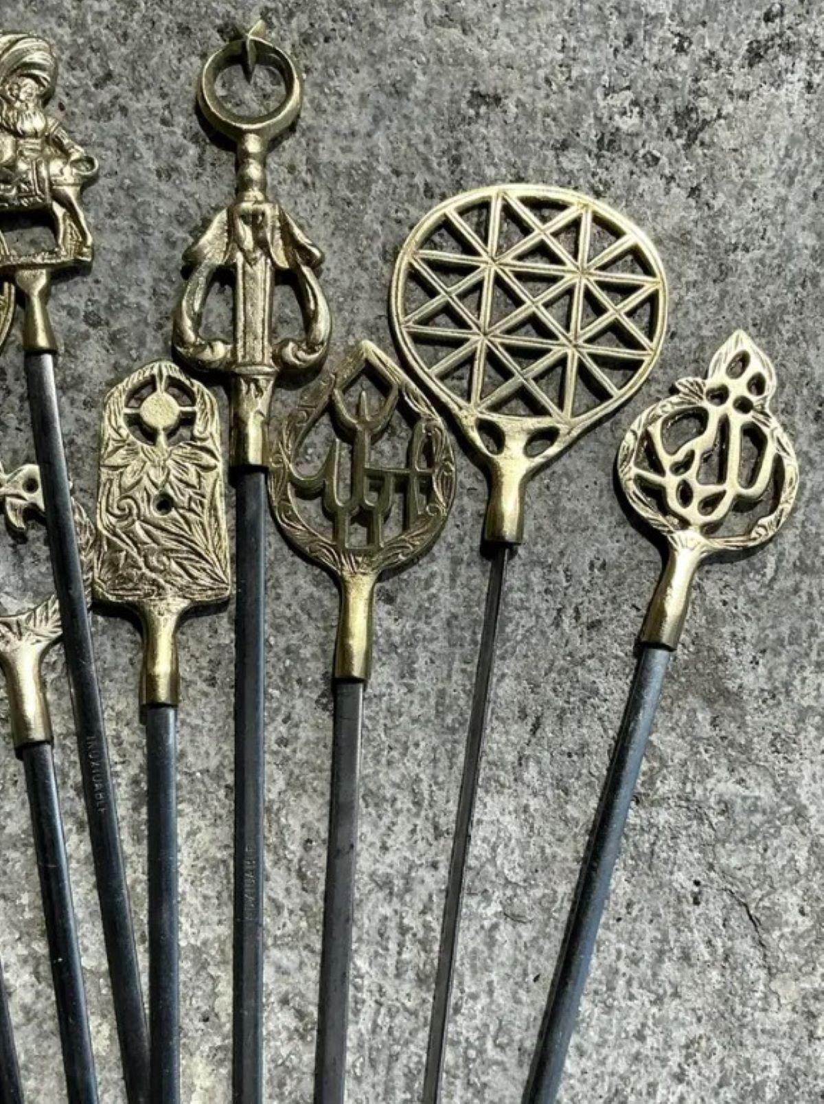 Vintage Boho Brass Icon Skewers - Set of 12 In Good Condition For Sale In west palm beach, FL