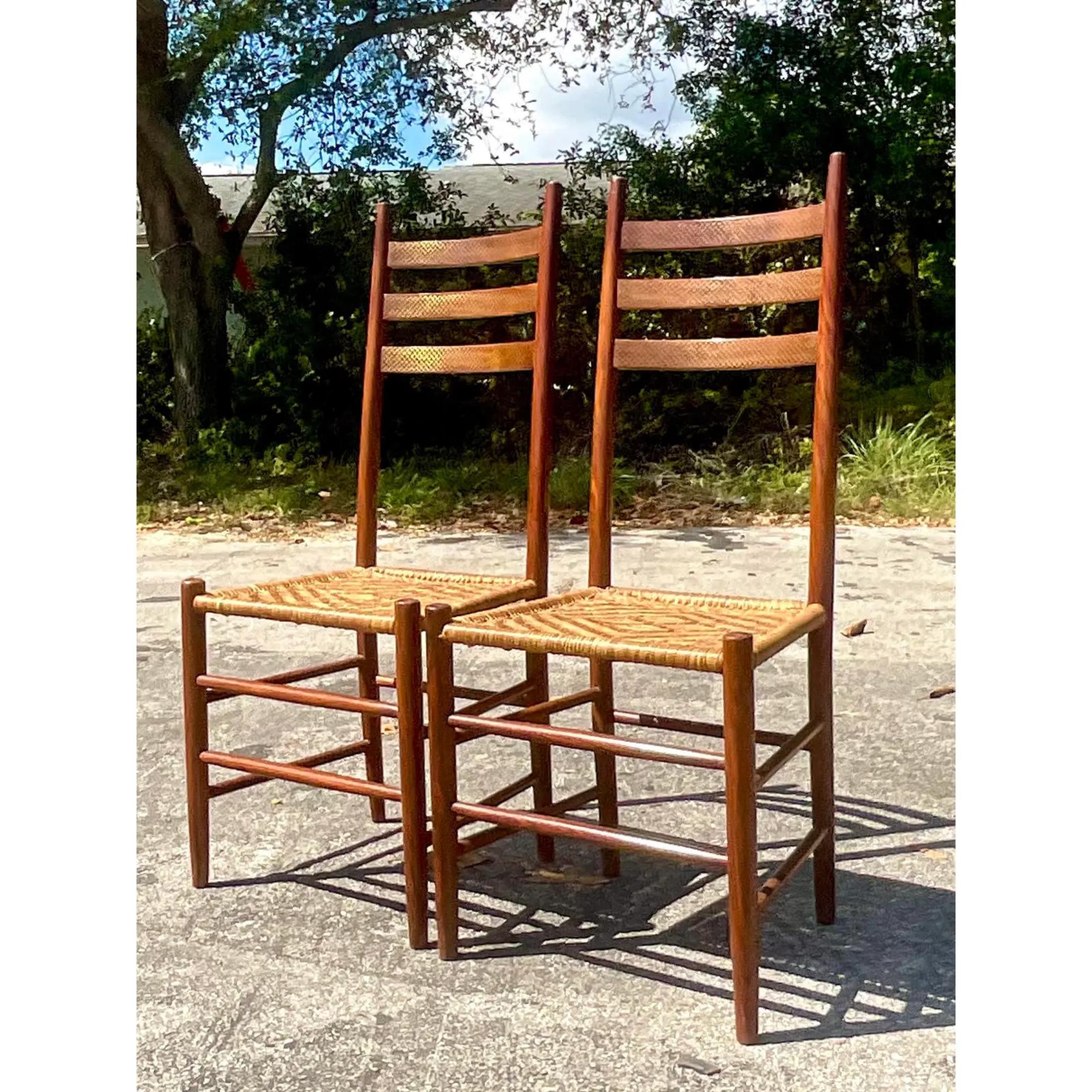 Bohemian Vintage Boho Brass Inlay Ladder Back Dining Chairs - Set of 2 For Sale