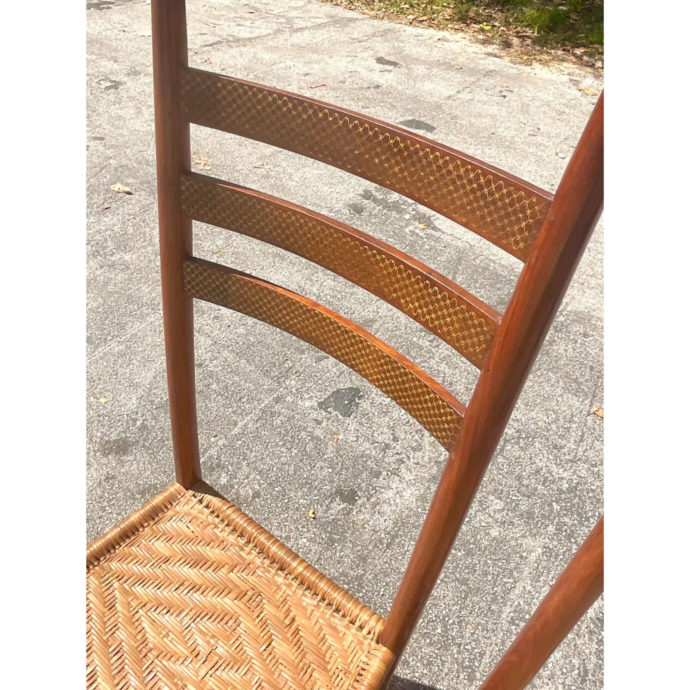 Vintage Boho Brass Inlay Ladder Back Dining Chairs - Set of 2 In Good Condition For Sale In west palm beach, FL