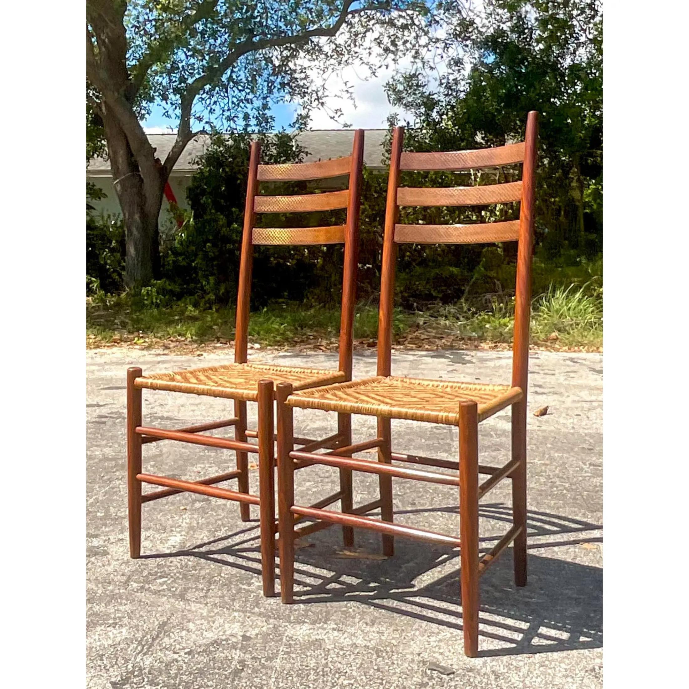 Vintage Boho Brass Inlay Ladder Back Dining Chairs - Set of 2 For Sale 1