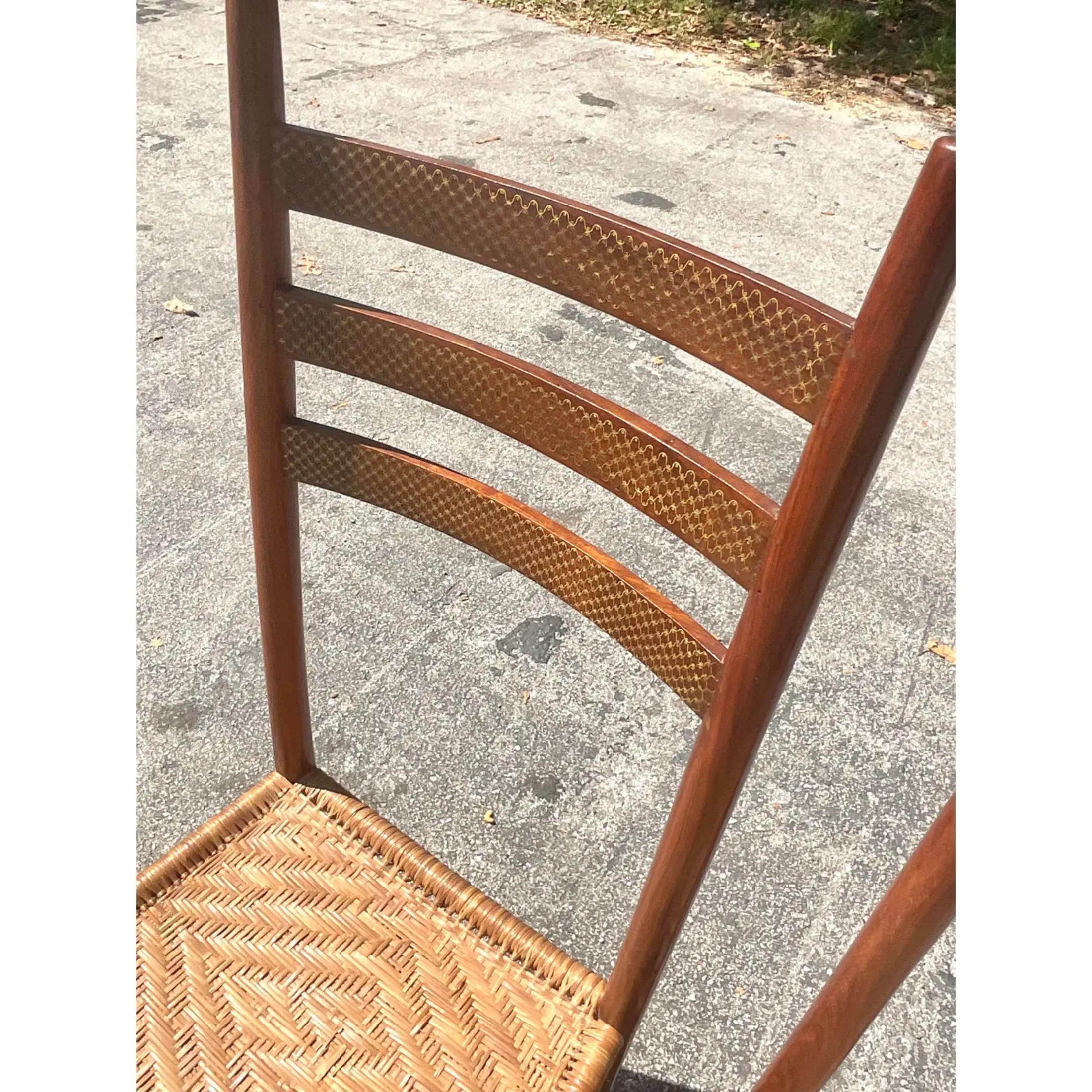 Vintage Boho Brass Inlay Ladder Back Dining Chairs - Set of 2 For Sale 2