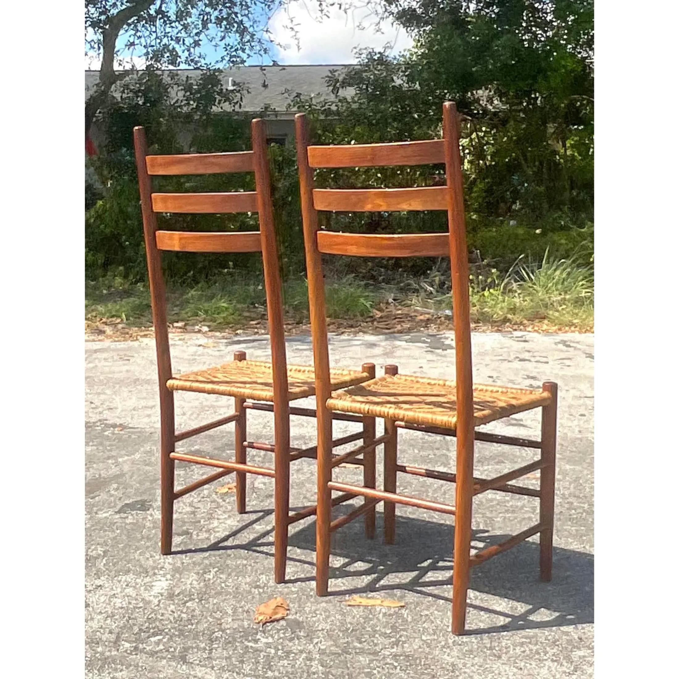 Vintage Boho Brass Inlay Ladder Back Dining Chairs - Set of 2 For Sale 3