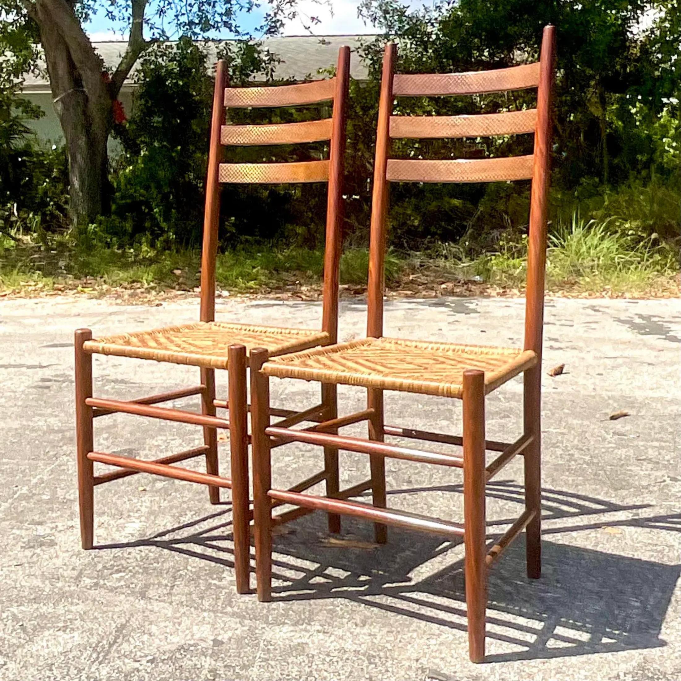 Vintage Boho Brass Inlay Ladder Back Dining Chairs - Set of 2 For Sale 4