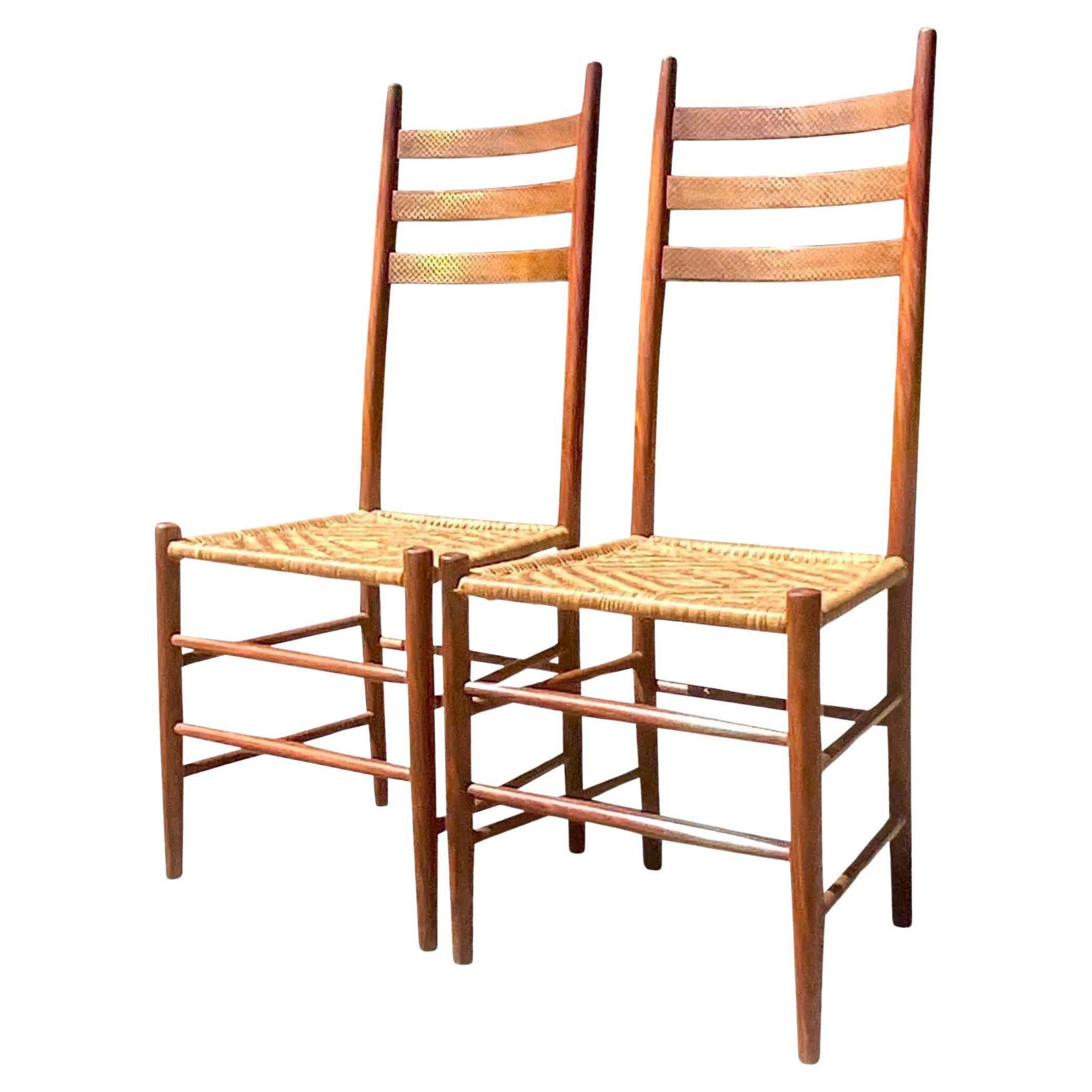 Vintage Boho Brass Inlay Ladder Back Dining Chairs - Set of 2