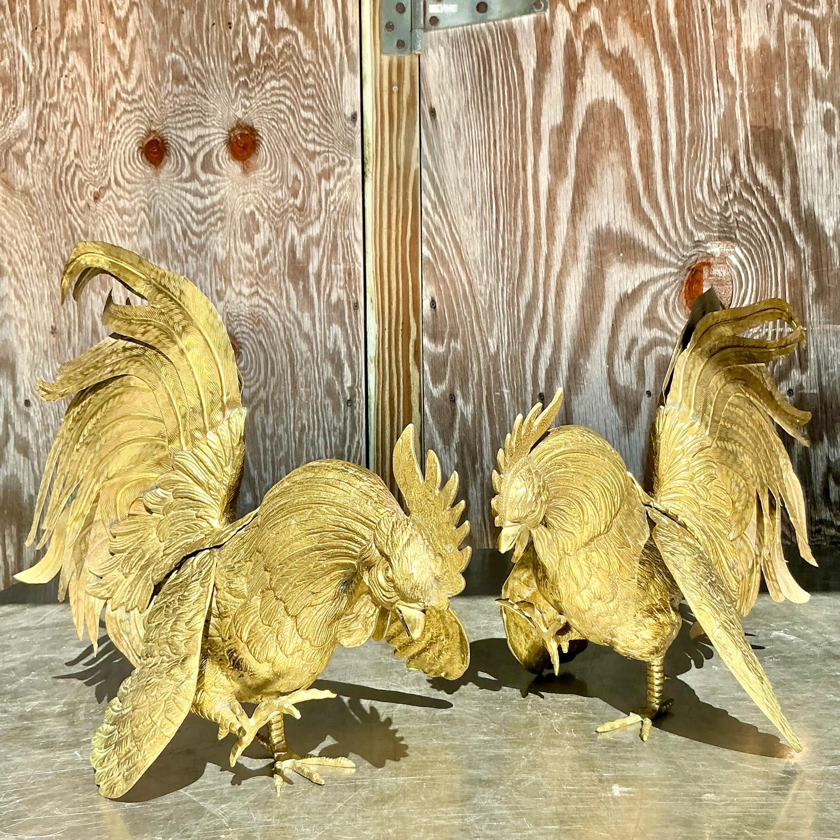 Vintage Boho Brass Roosters - a Pair For Sale 4