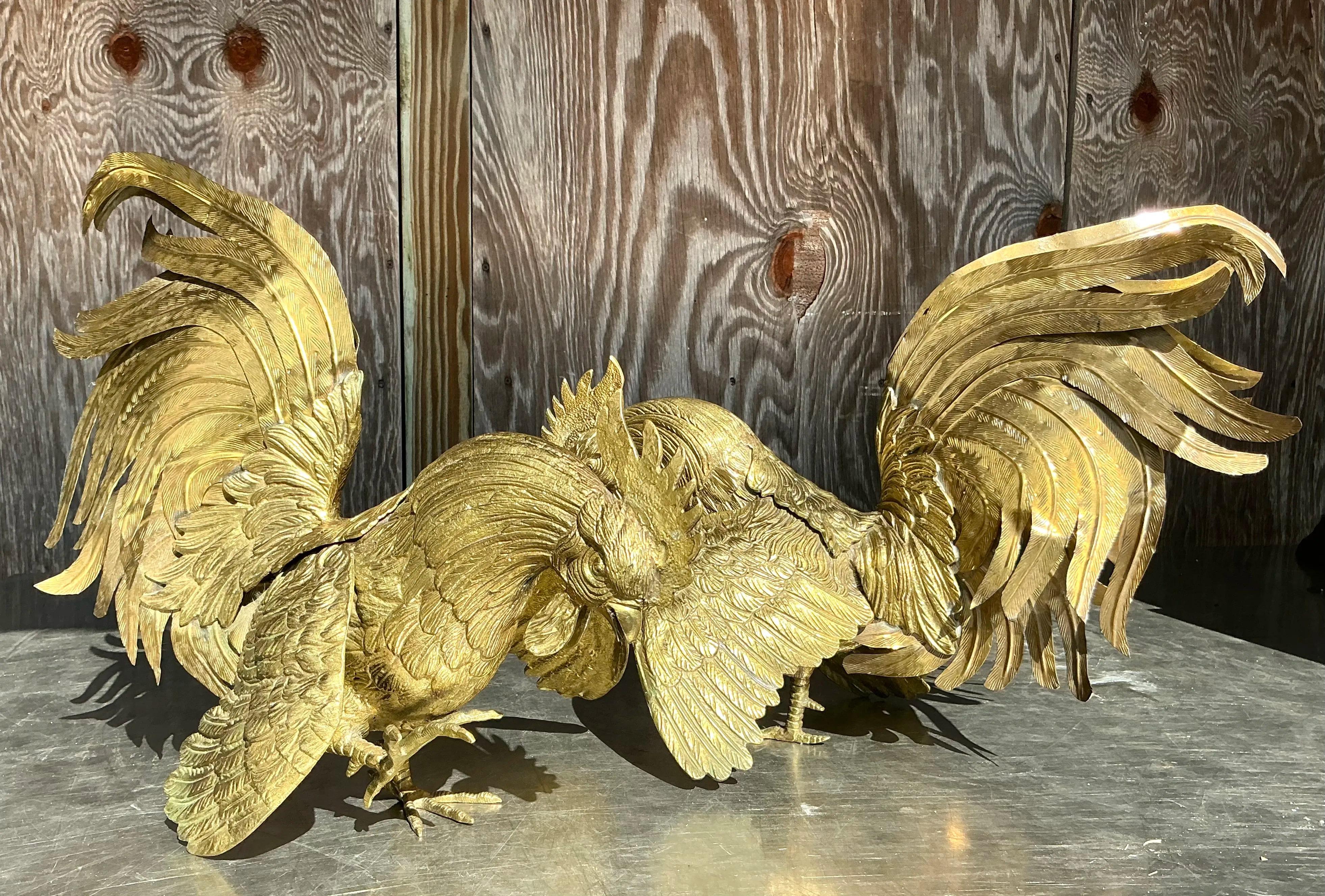Rustic Vintage Boho Brass Roosters - a Pair For Sale