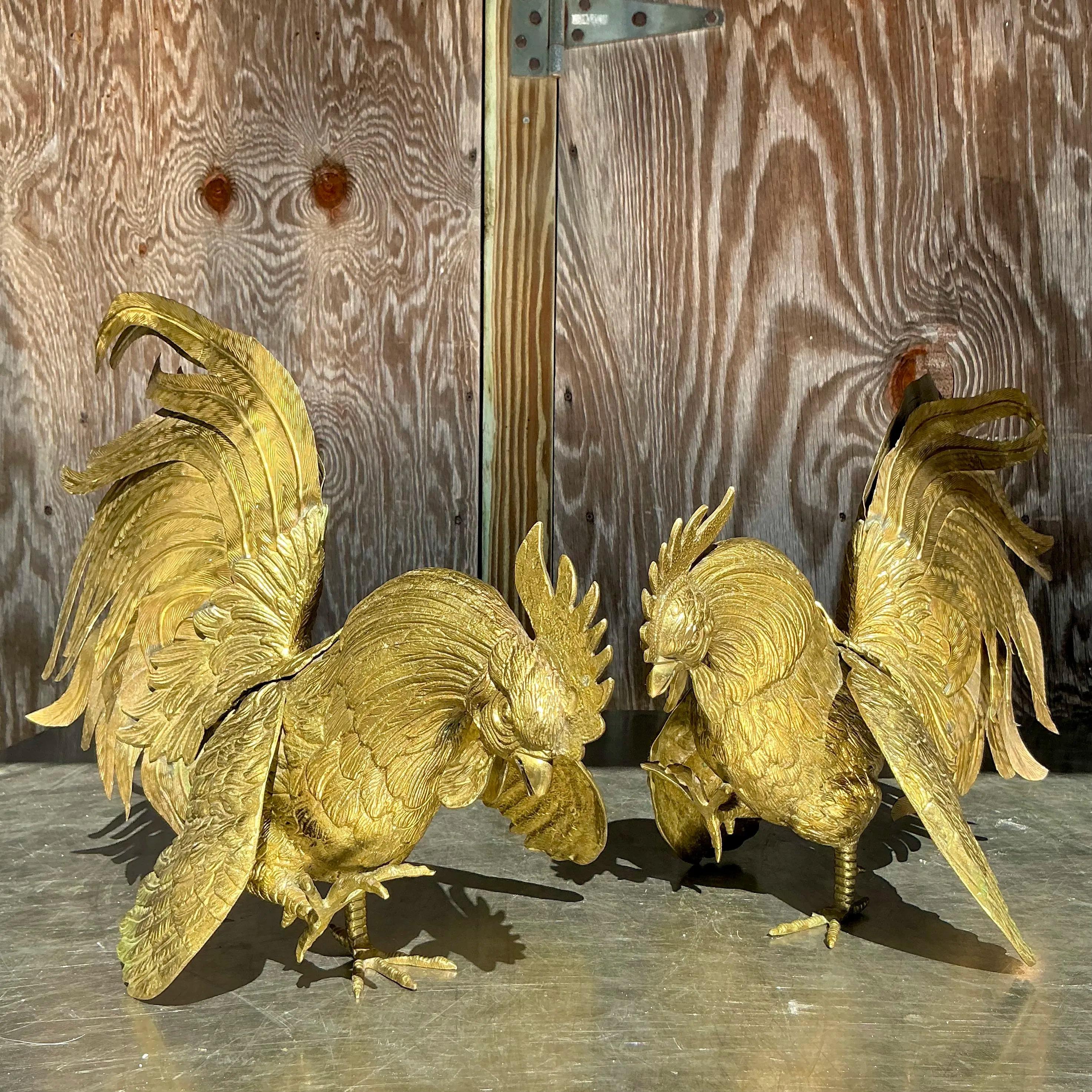 American Vintage Boho Brass Roosters - a Pair For Sale