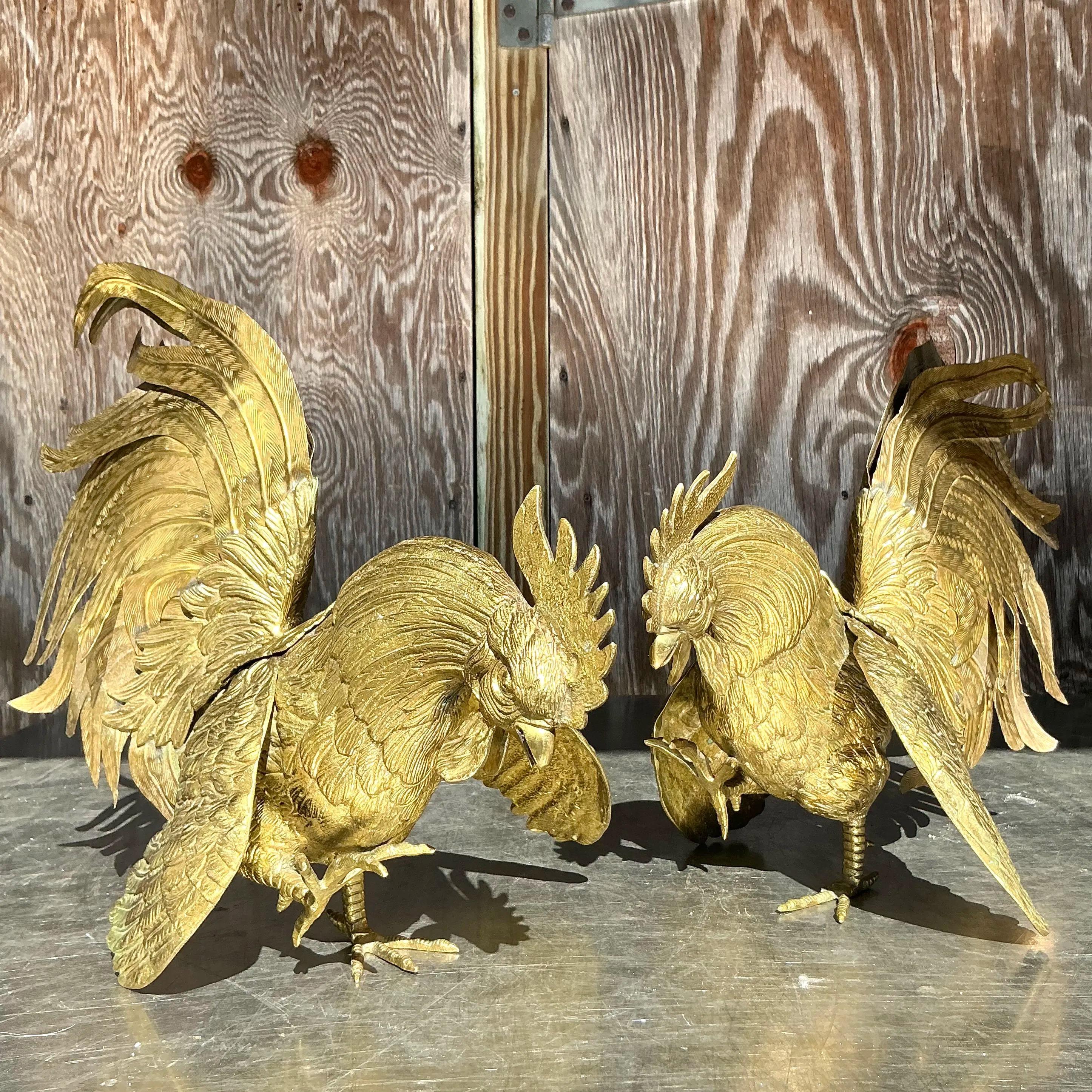Vintage Boho Brass Roosters - a Pair In Good Condition For Sale In west palm beach, FL