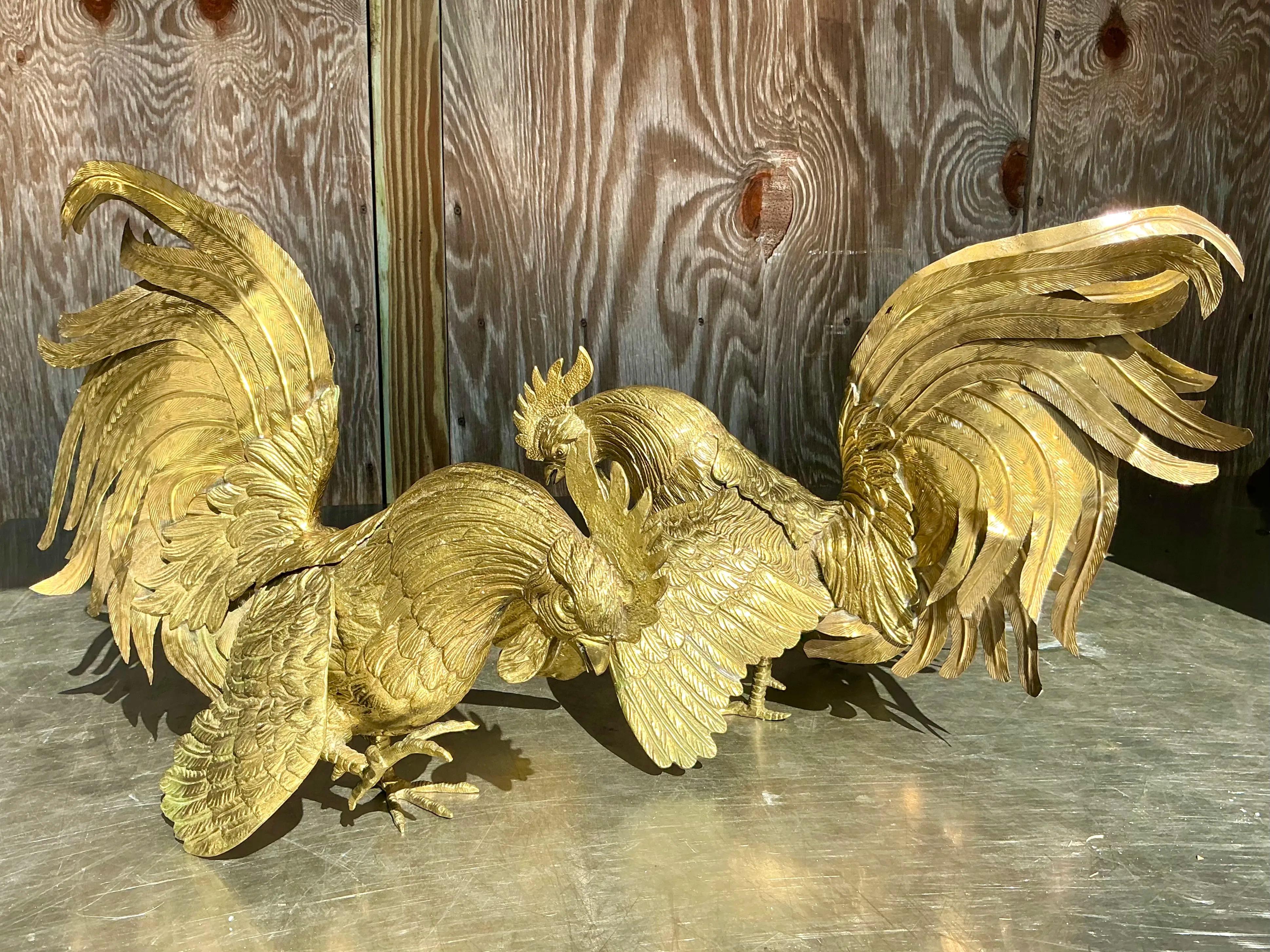 Vintage Boho Brass Roosters - a Pair For Sale 1