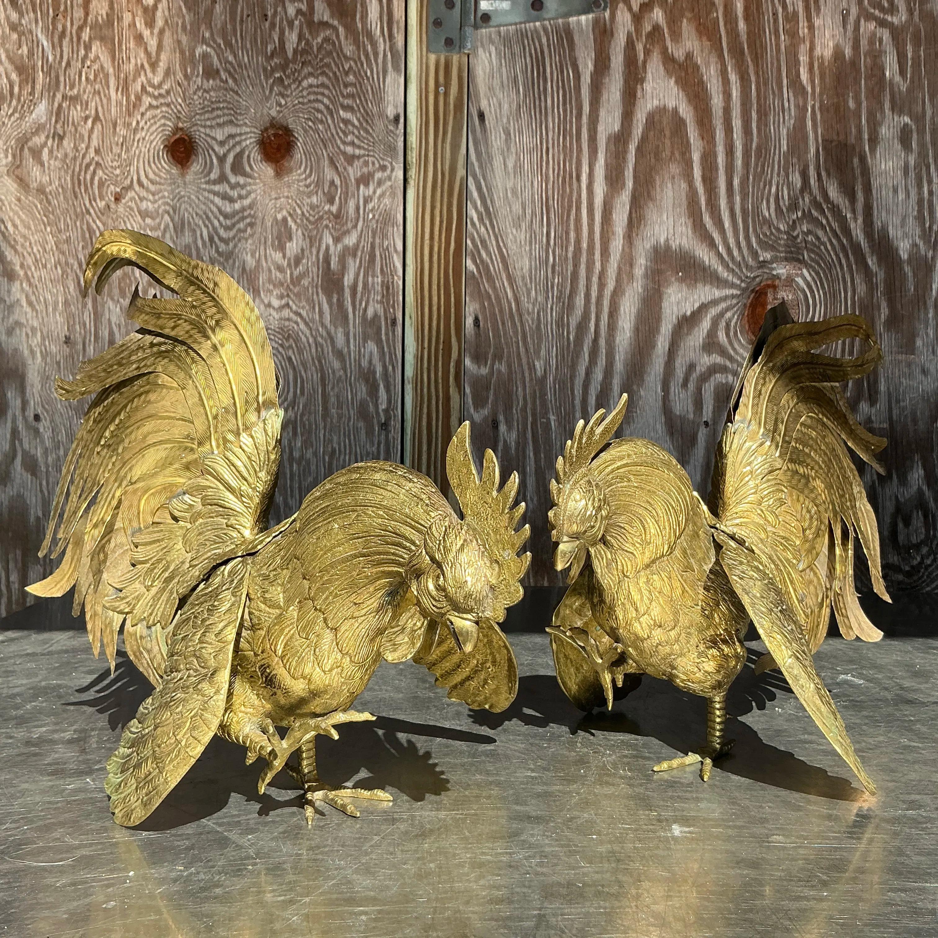 Vintage Boho Brass Roosters - a Pair For Sale 2