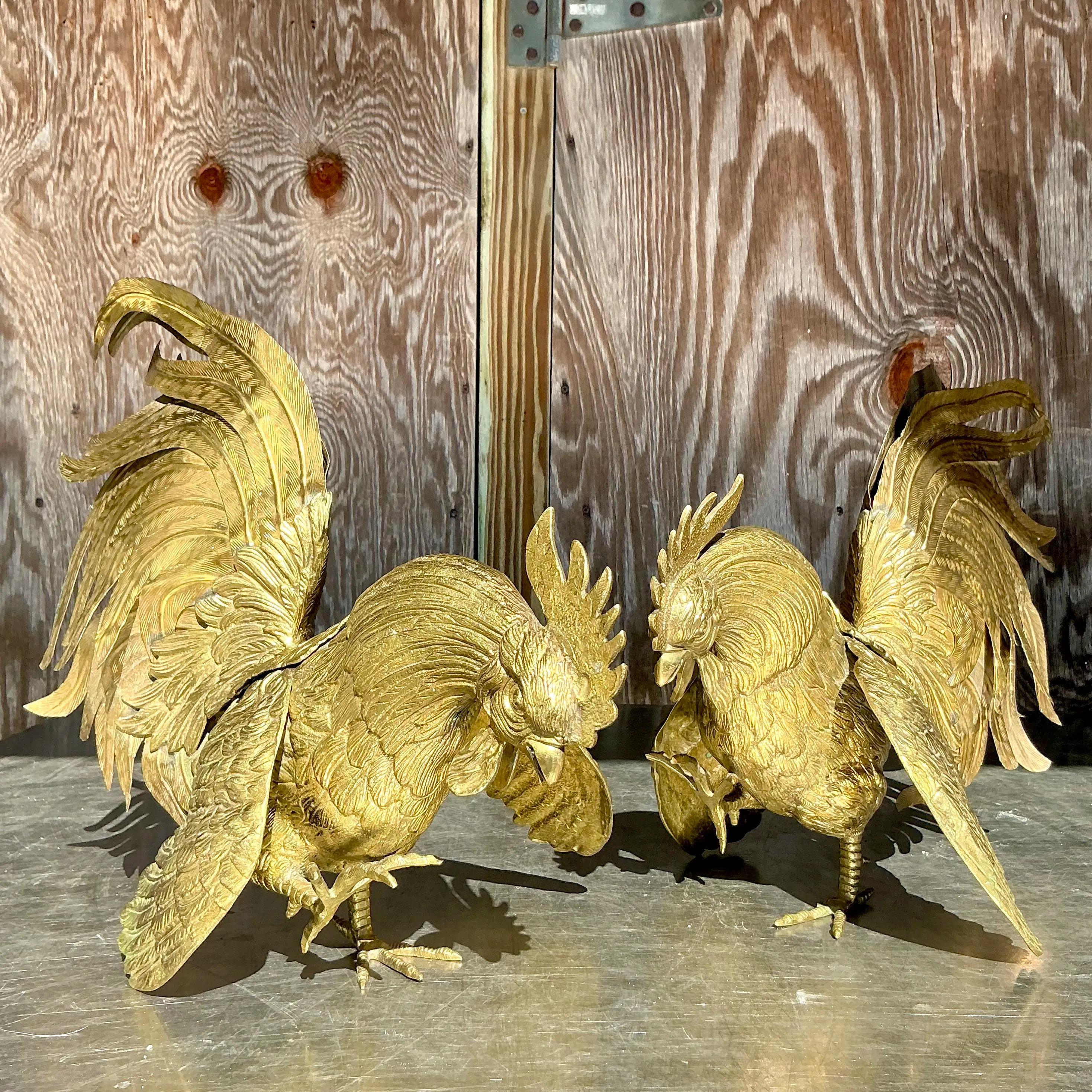 Vintage Boho Brass Roosters - a Pair For Sale 3
