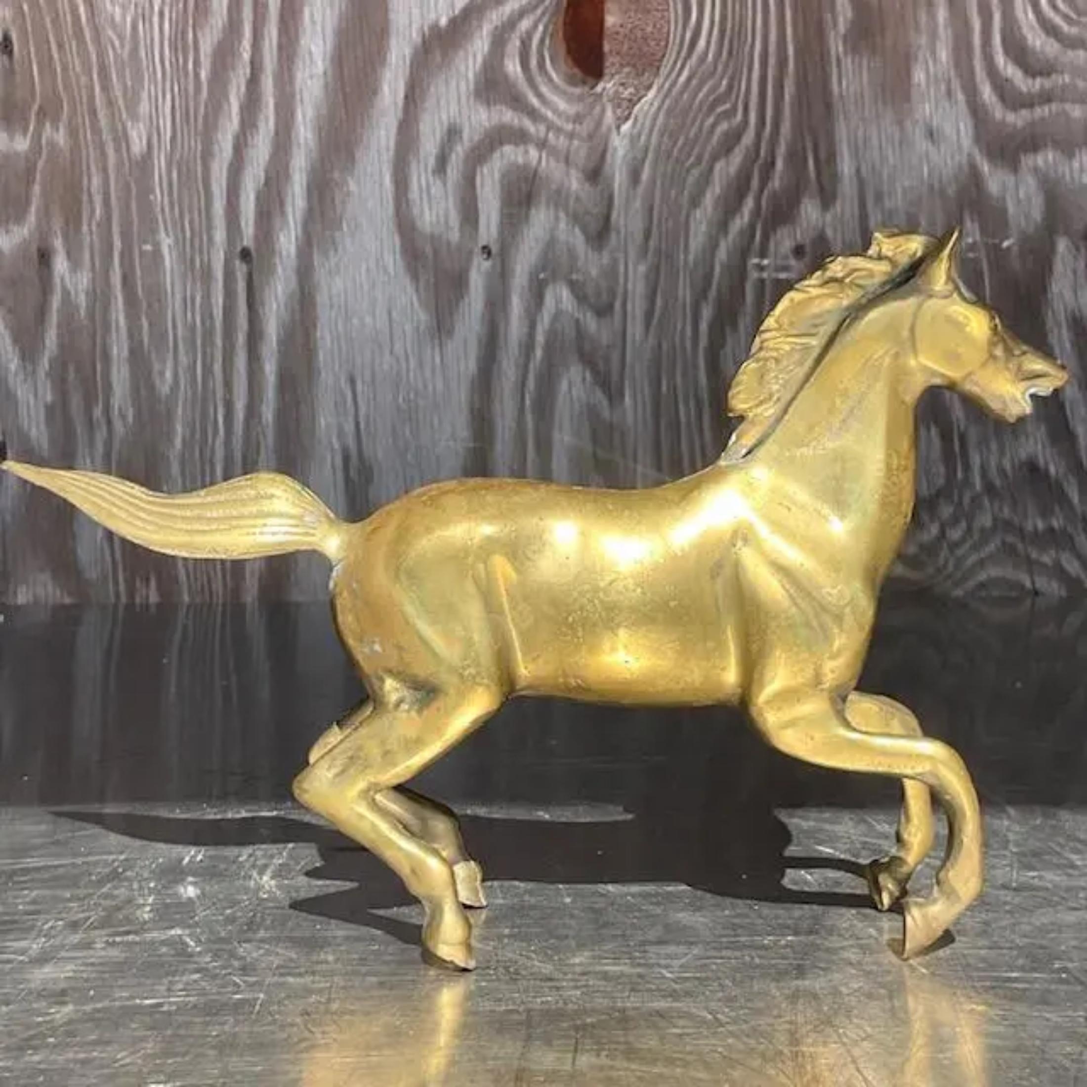 A fabulous vintage Boho horse. A chic solid brass stallion in the sprinting position. Acquired from a Palm Beach estate