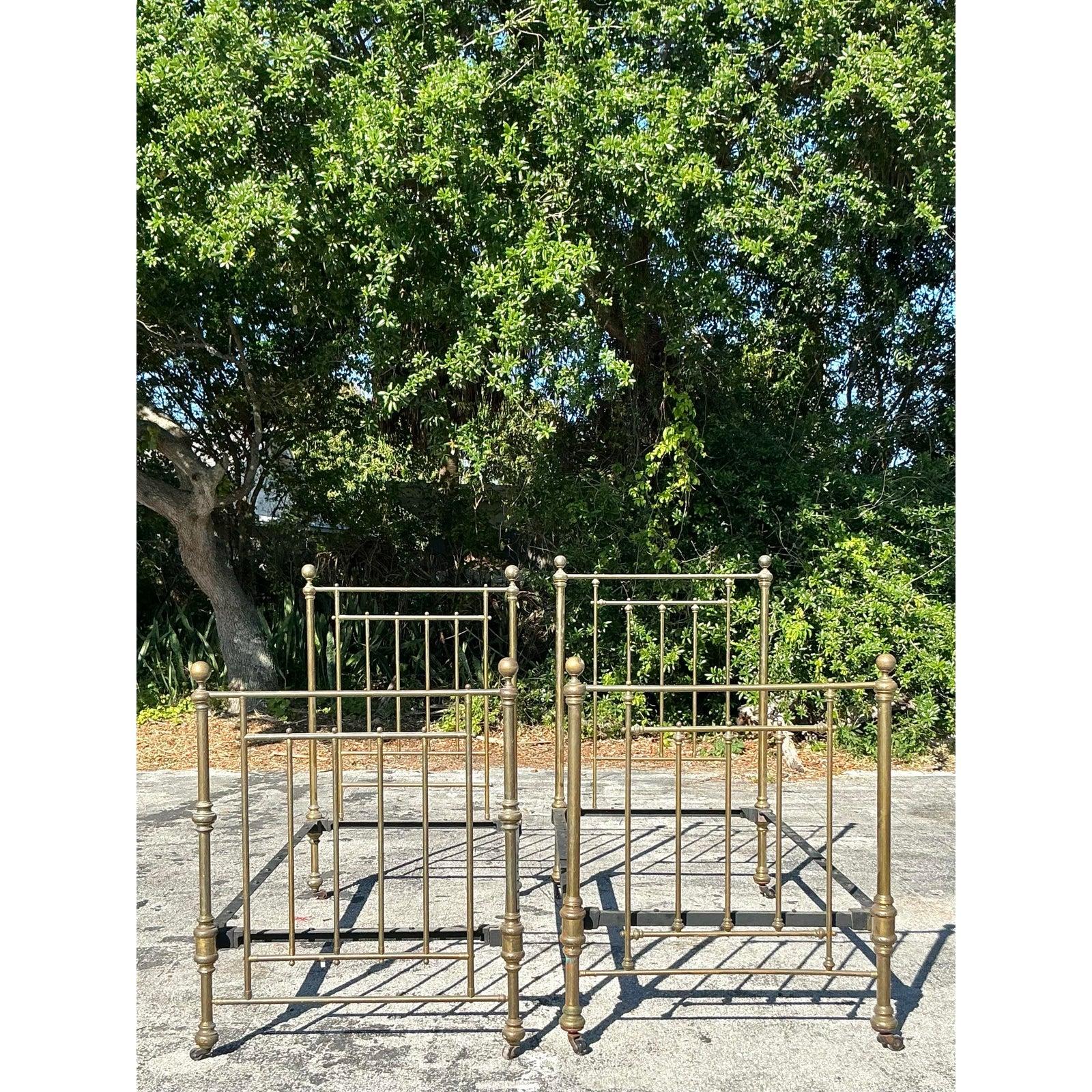 20th Century Vintage Boho Brass Twin Bed Frames - a Pair