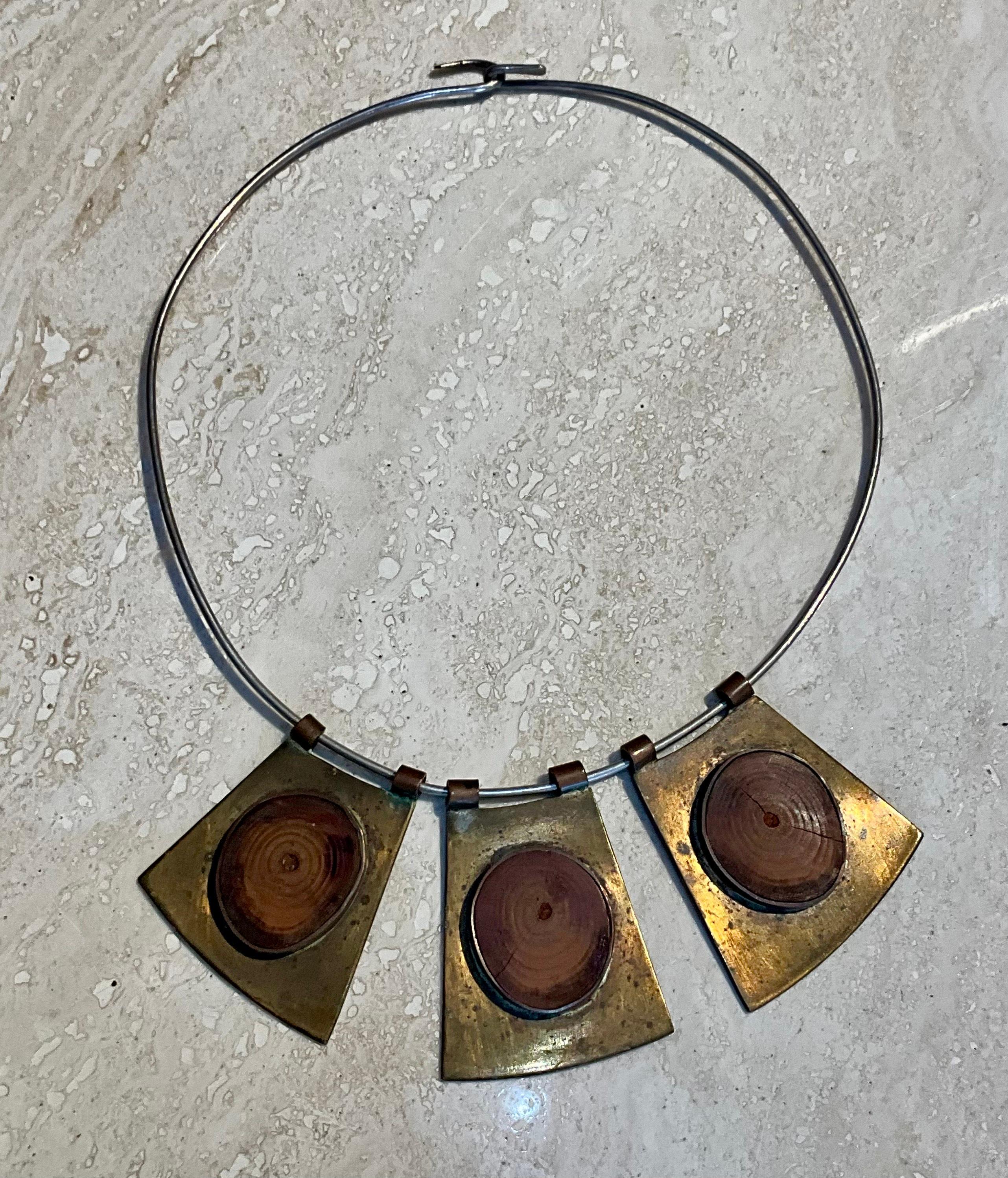 Vintage Boho Brass & Wood Bib Necklace For Sale 1