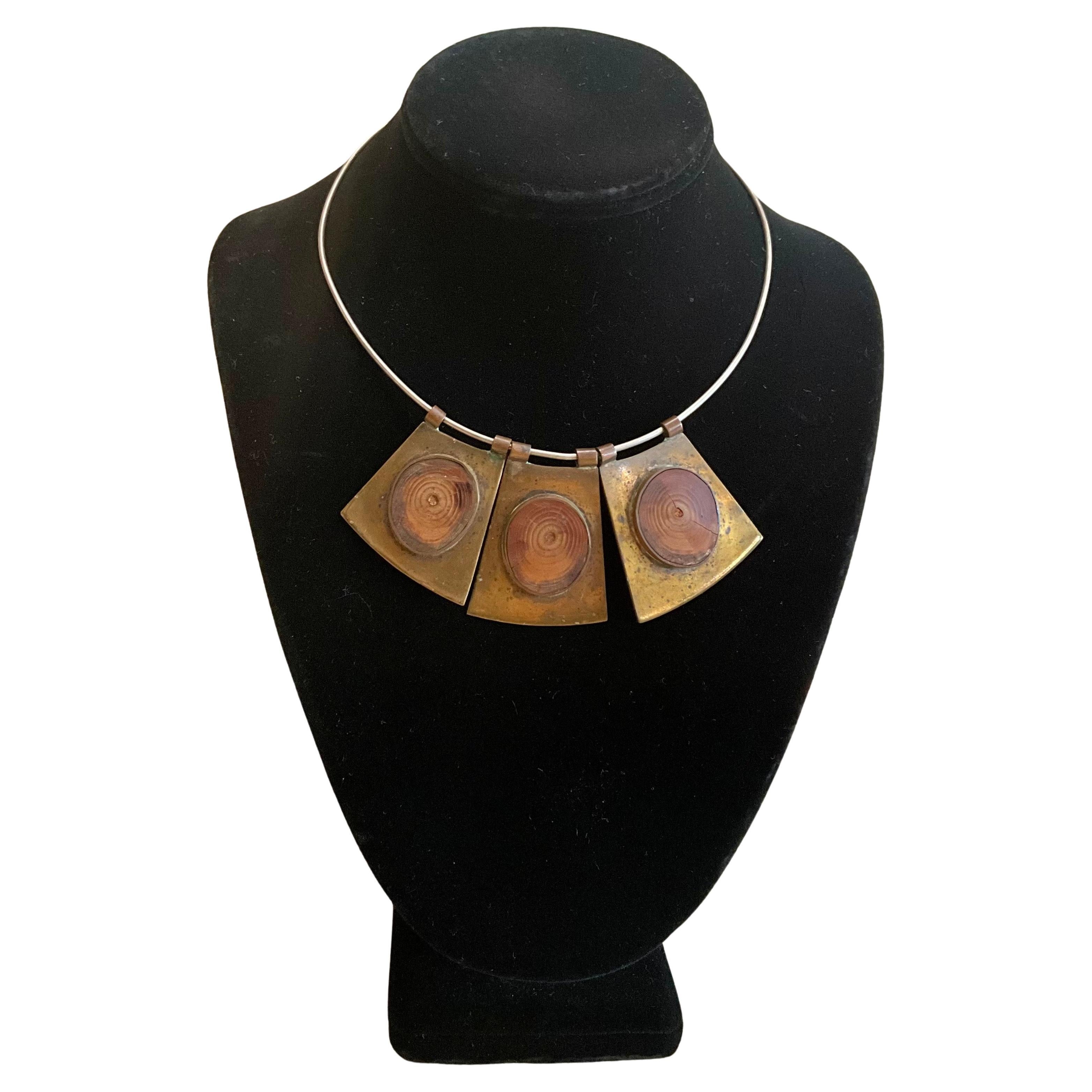 Vintage Boho Brass & Wood Bib Necklace For Sale