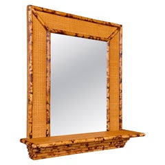 Vintage Boho British Colonial Faux Bamboo 
Rattan Weave Wall Mirror With Shelf