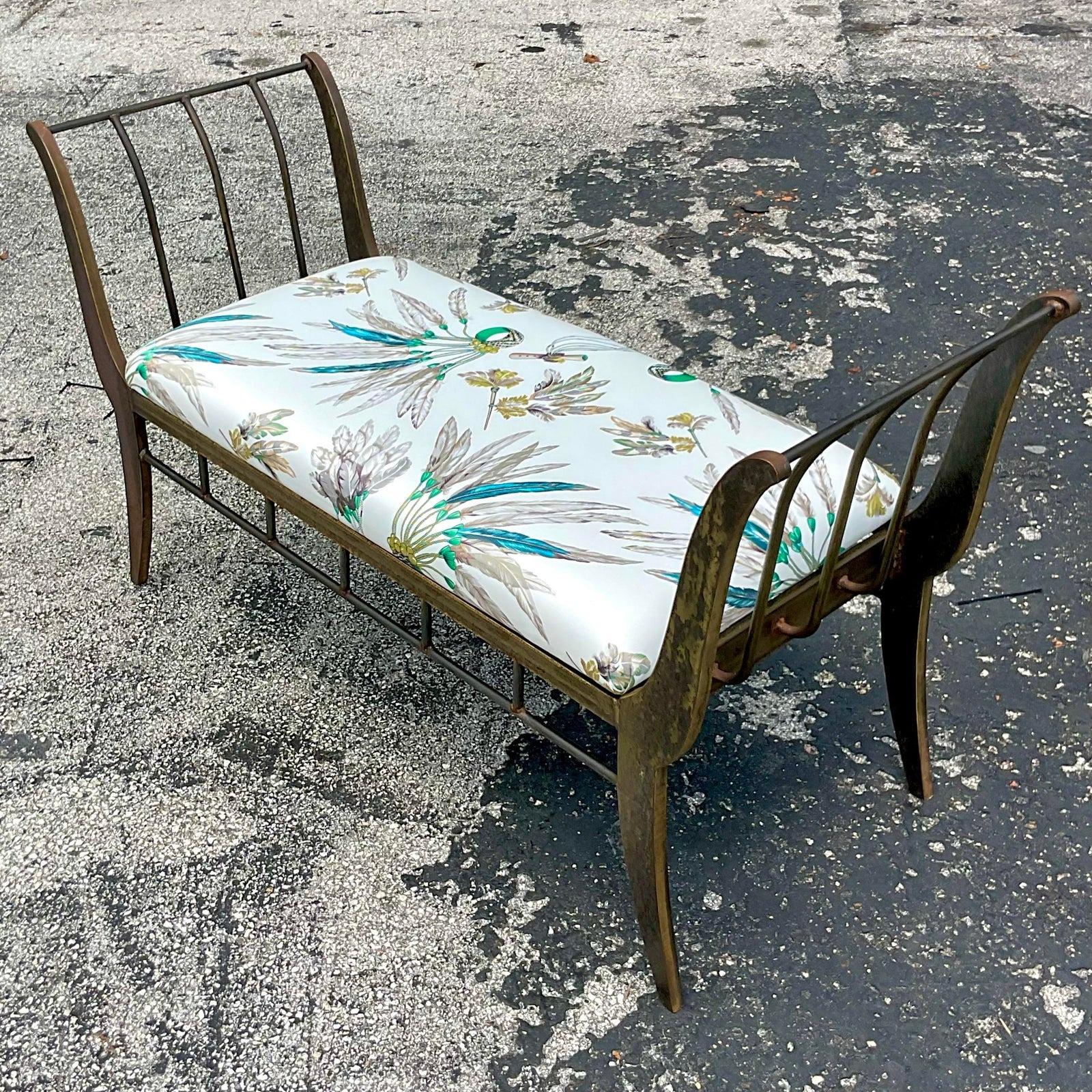 A fantastic vintage Boho bench. A chic bronze bench with a high sides design. Upholstered in Hermes silk/satin fabric. Truly amazing. Acquired from a Palm Beach estate.