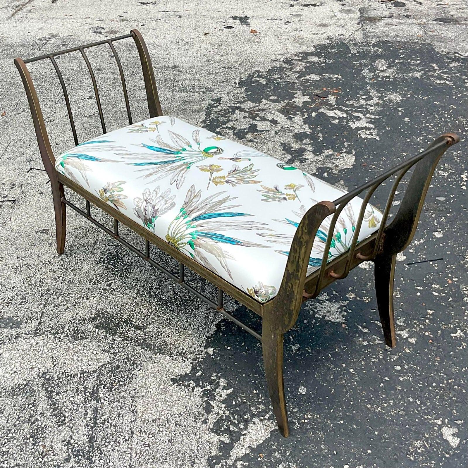 North American Vintage Boho Bronze Bench With Hermes Silk Duchess Upholstery For Sale