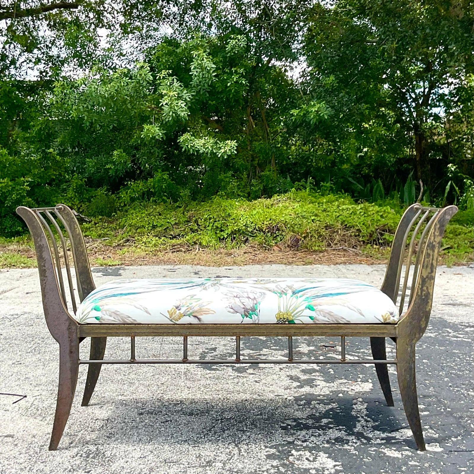 Vintage Boho Bronze Bench With Hermes Silk Duchess Upholstery In Good Condition For Sale In west palm beach, FL