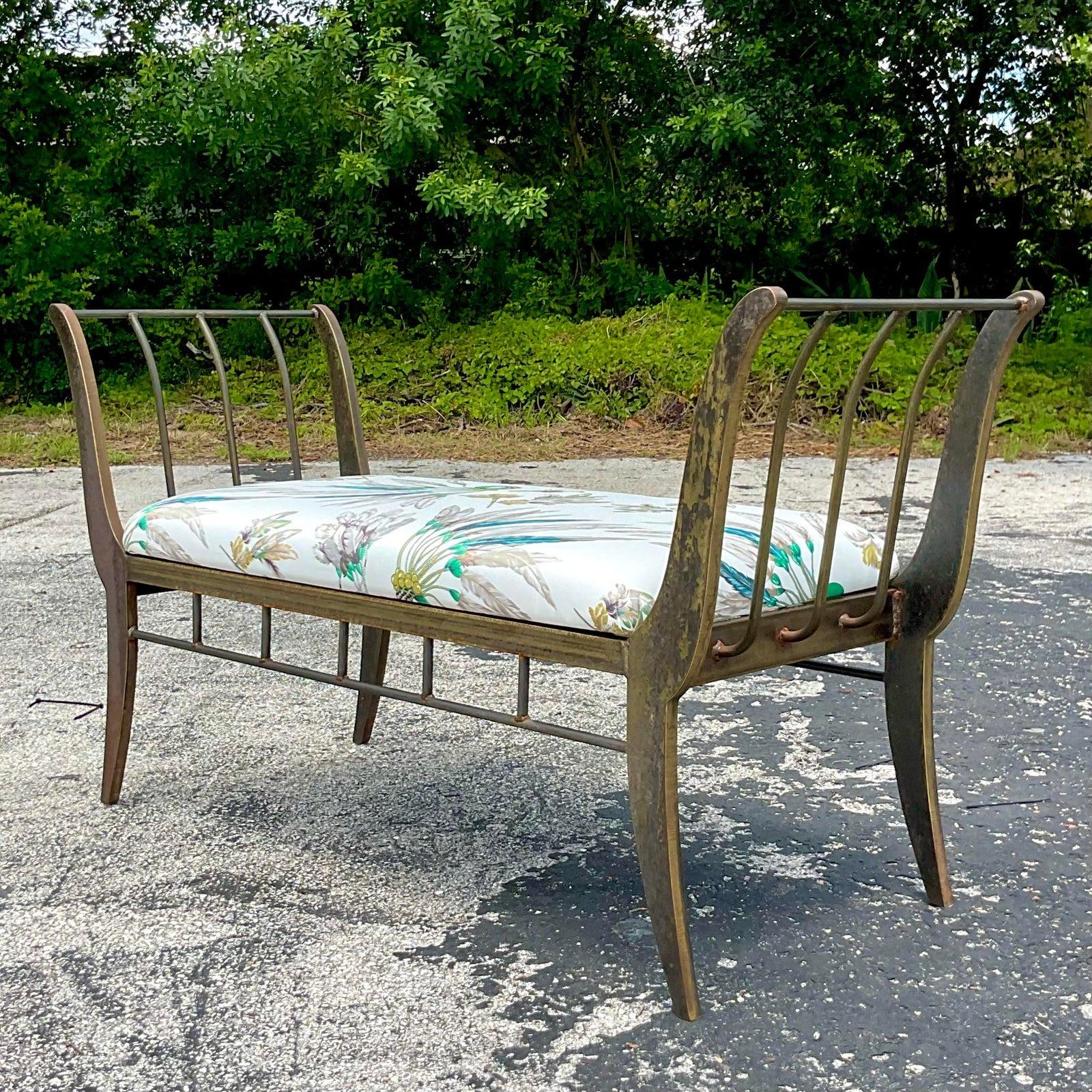 Vintage Boho Bronze Bench With Hermes Silk Duchess Upholstery In Good Condition For Sale In west palm beach, FL